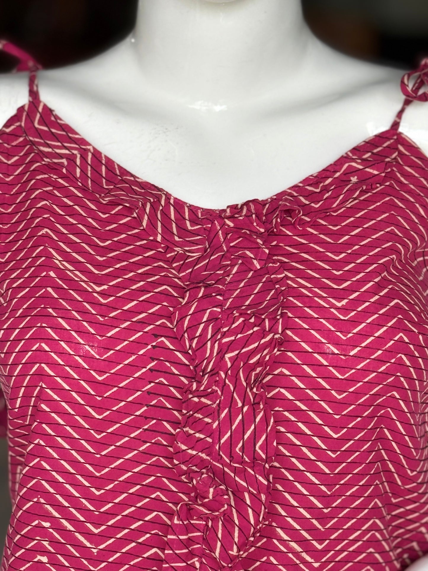 Pink zigzag stripes hand block printed cotton spaghetti tie up top with ruffles detailing