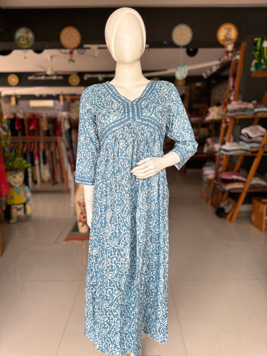 Blue paisley print Alia cut cotton dress with border detailing