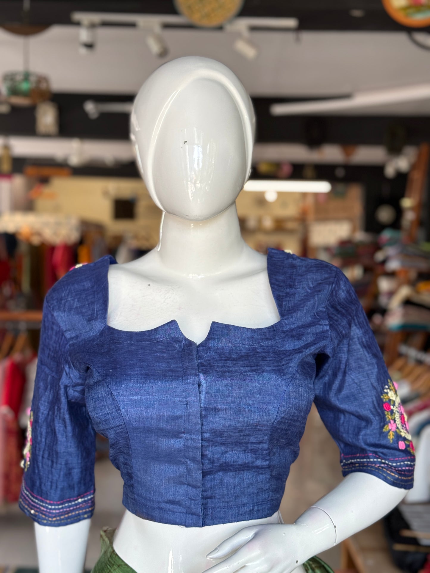 Blue floral hand embroidered silk blouse