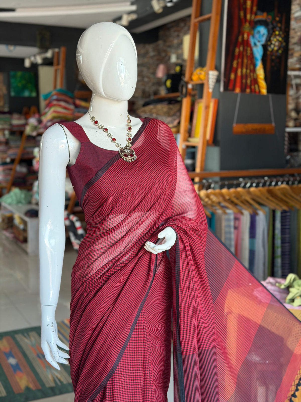 Maroon soft handwoven mul cotton fine checks saree