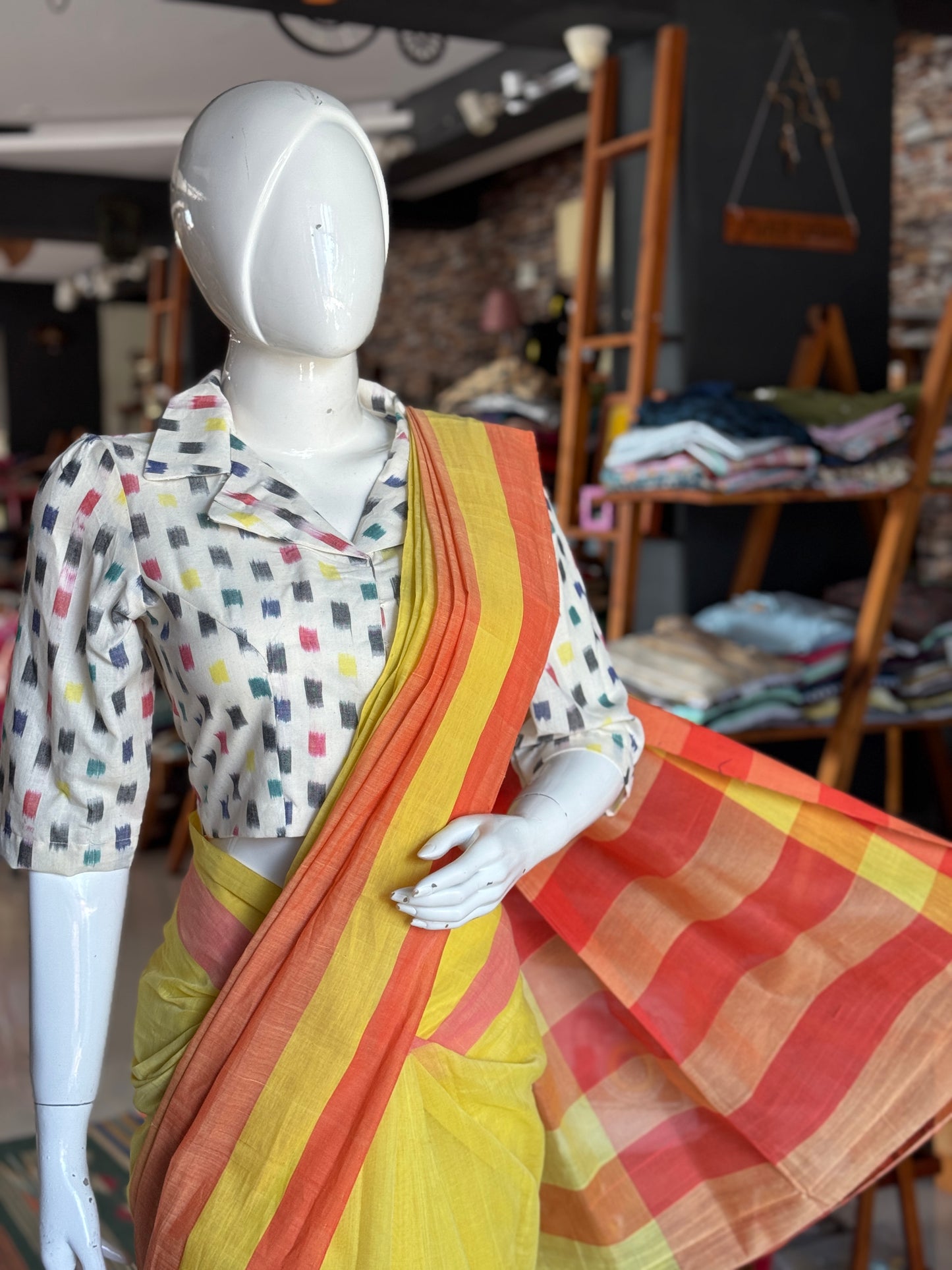 Cream with multi color ikat rectangles handloom cotton blouse