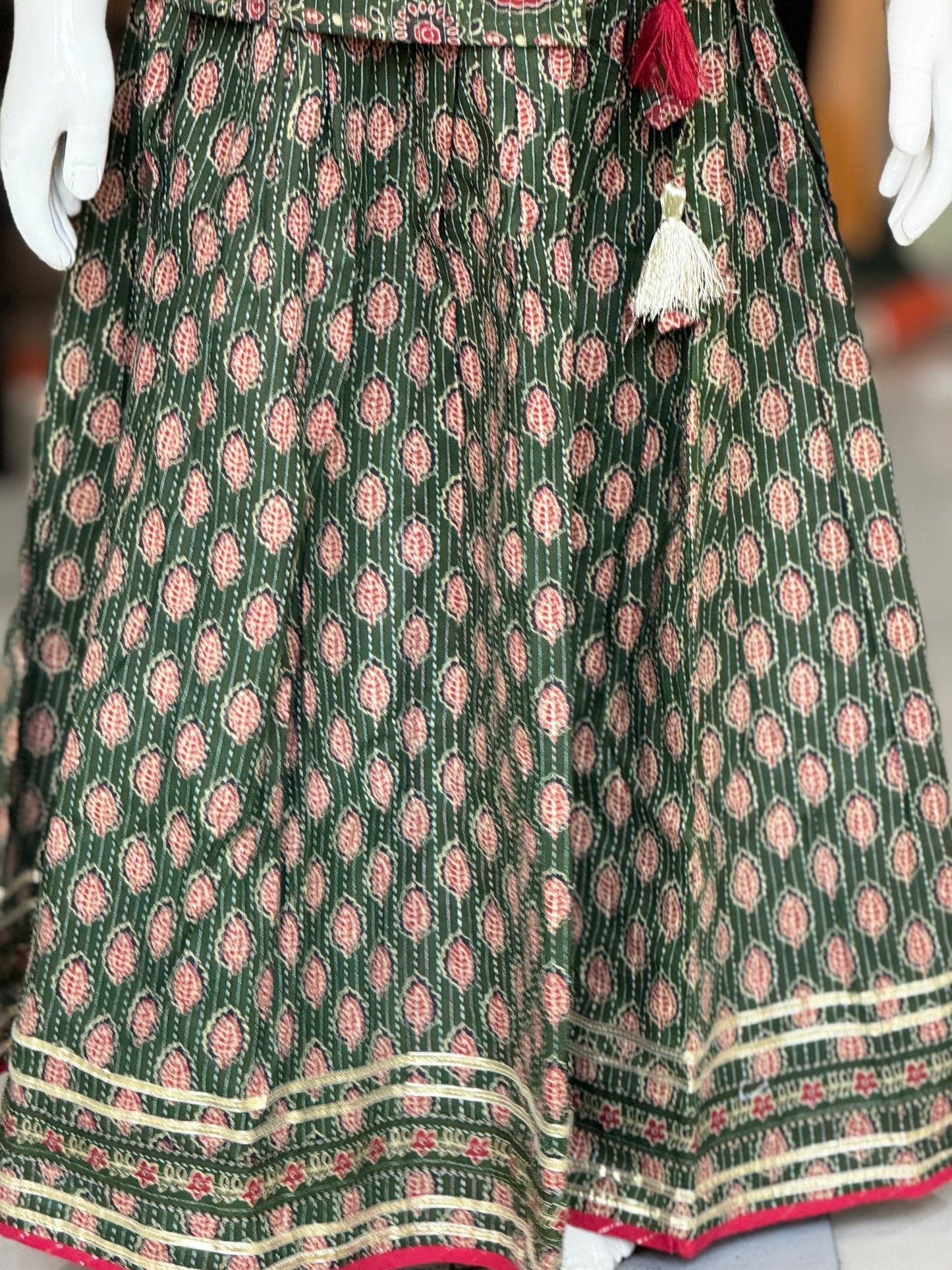 Dark green angrakha style cotton top and gota border lehenga set for girls