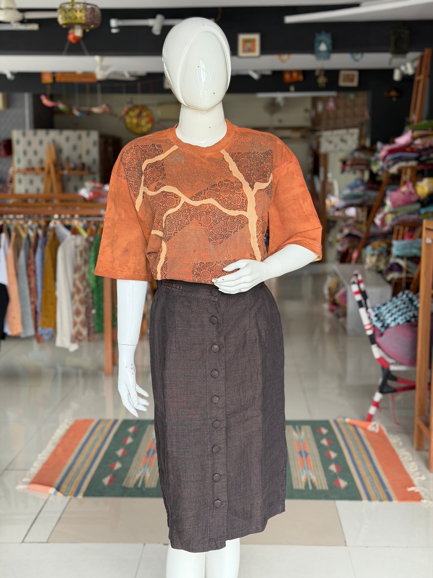 Rust orange Ajrakh hand block printed, natural dyed, unisex cotton t-shirt