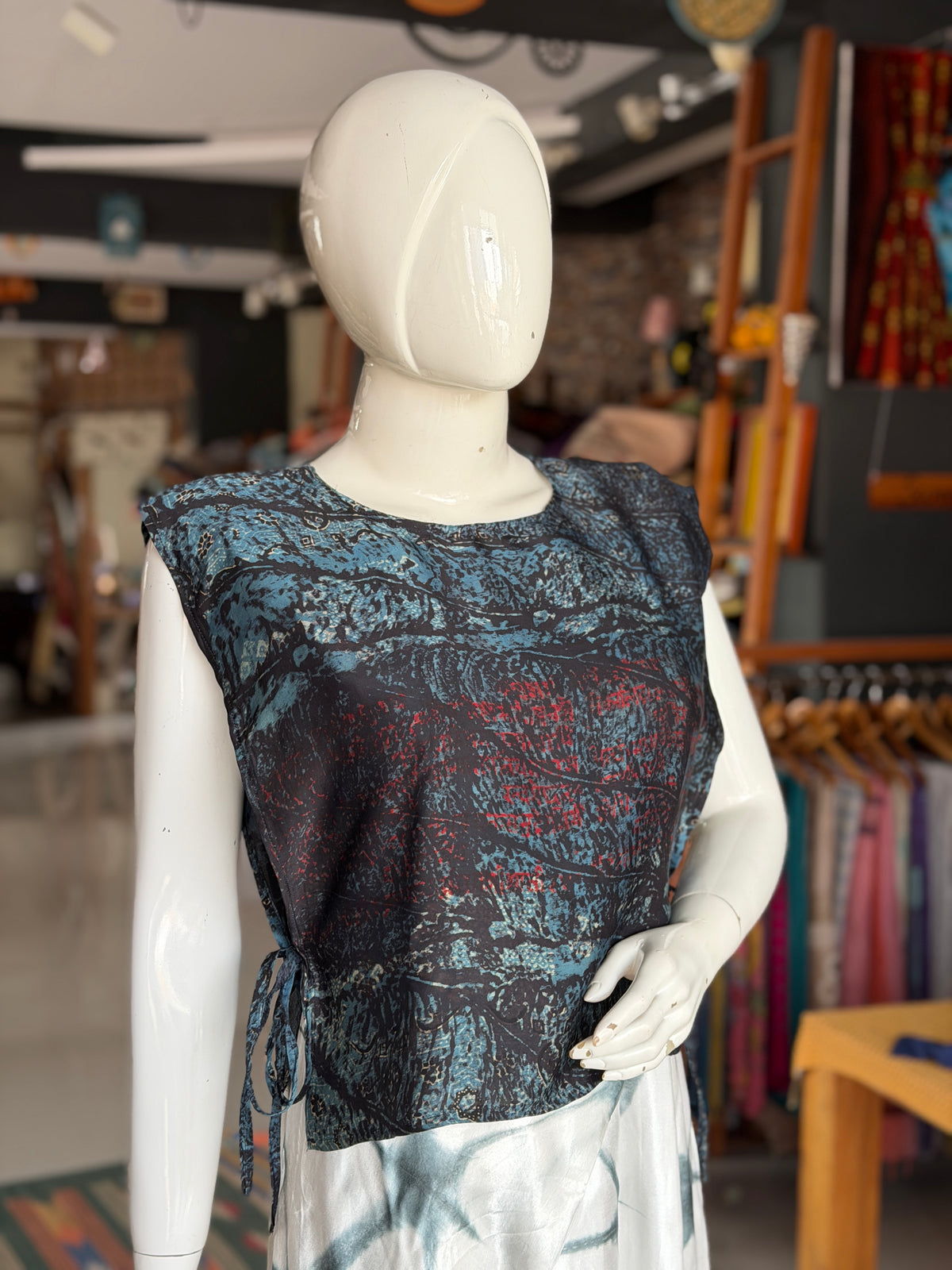 Indigo Ajrakh free size side ties poncho style layering top -  free size