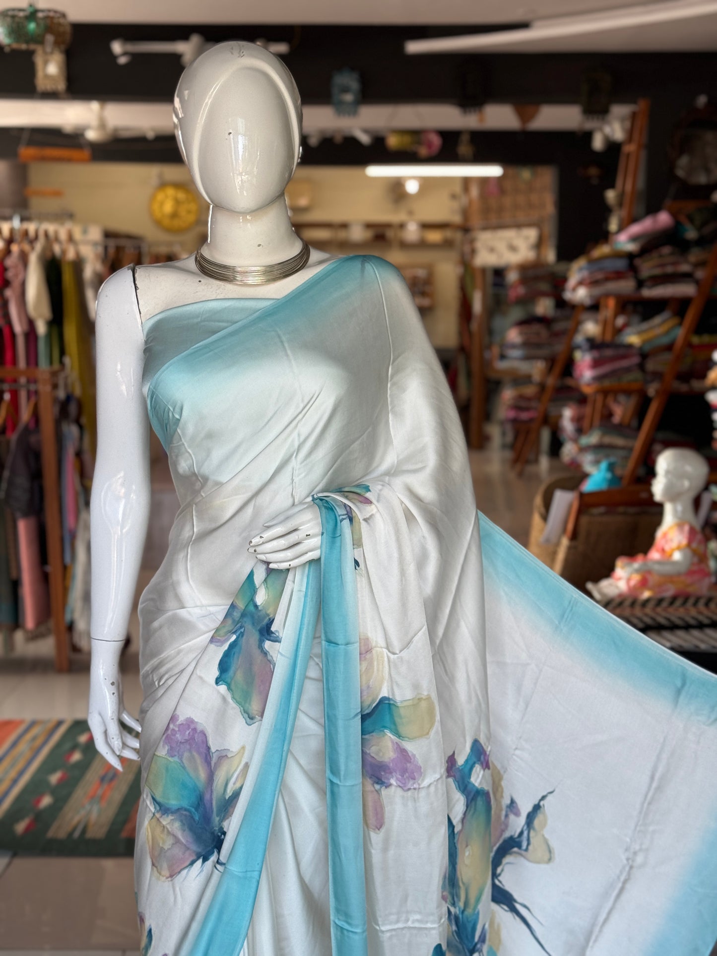 Blue purple - floral design water colors hand painted soft n flowy off white modal saree