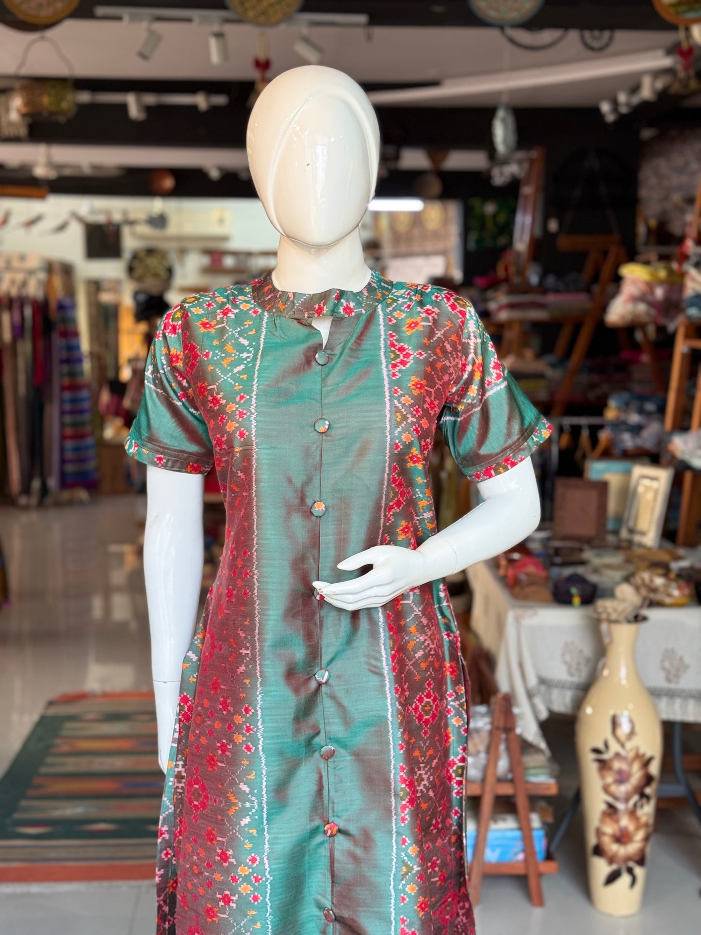 Green ikat tie n dye handwoven pure silk straight cuts Kurti