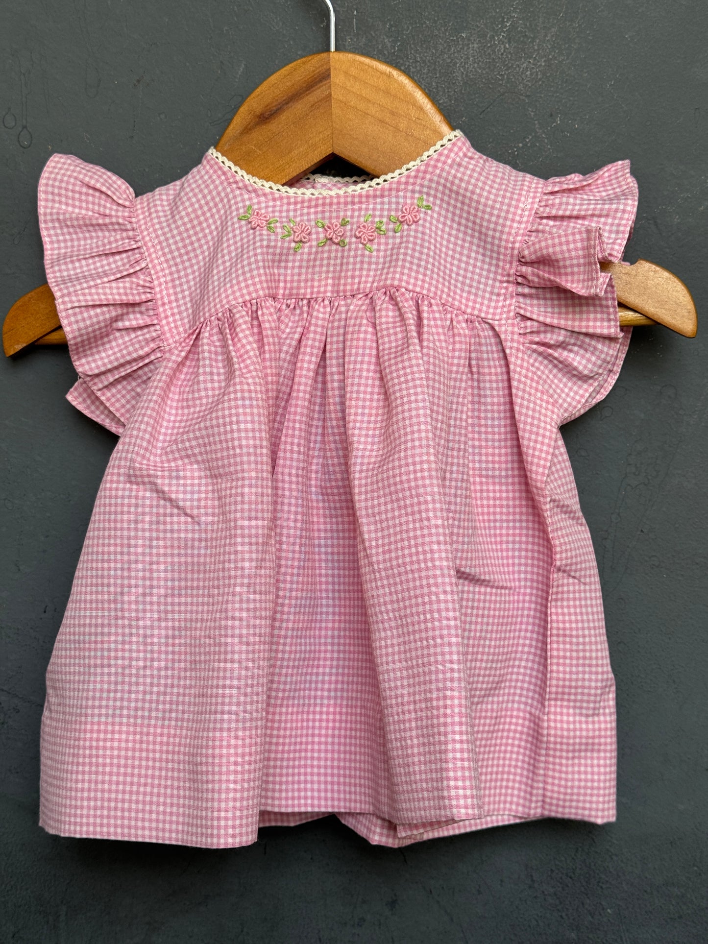 Checkered hand embroidered cotton frill sleeves frock - colors n sizes available