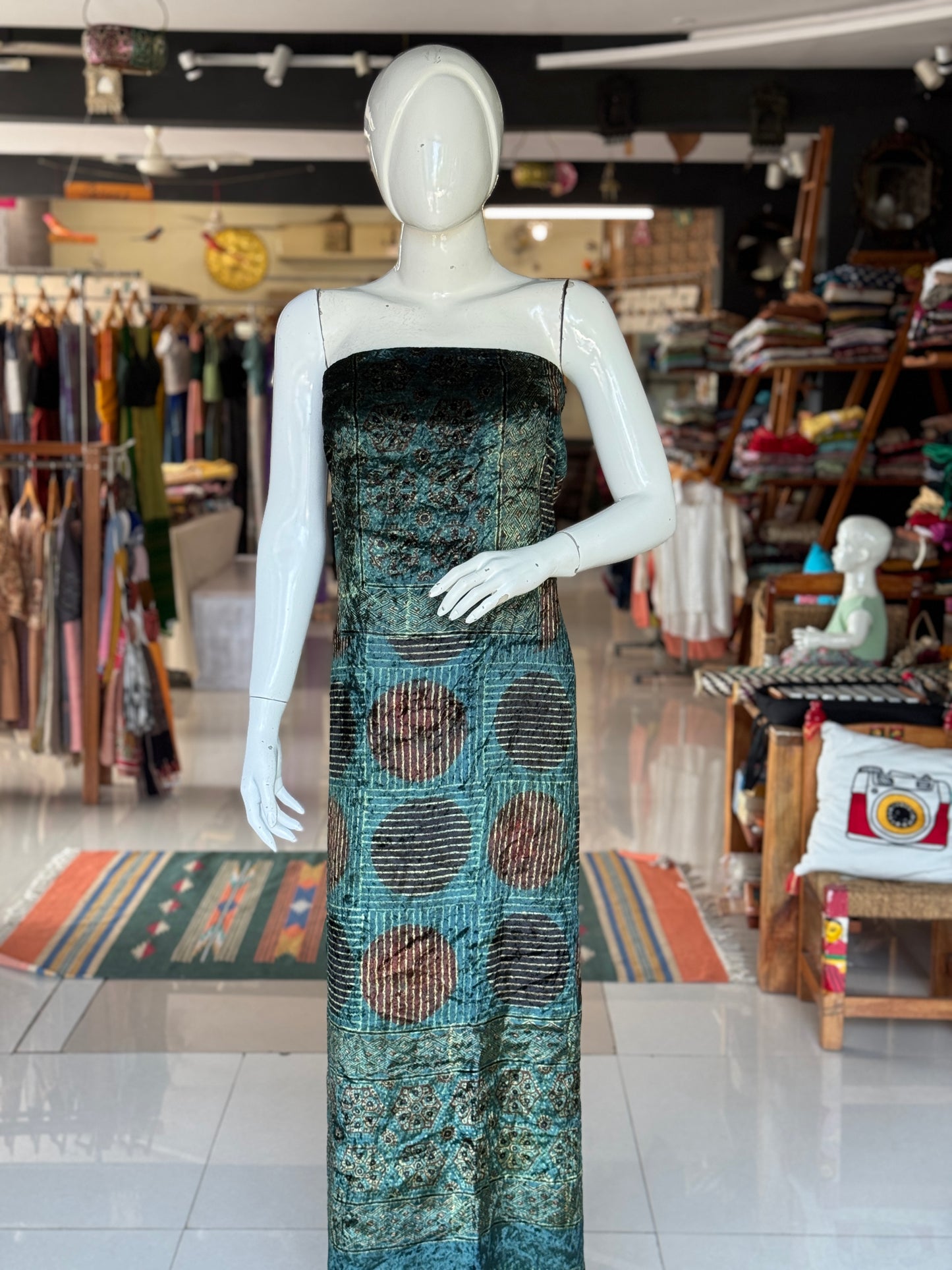 Velvet kurti fabric with Ajrakh hand block prints