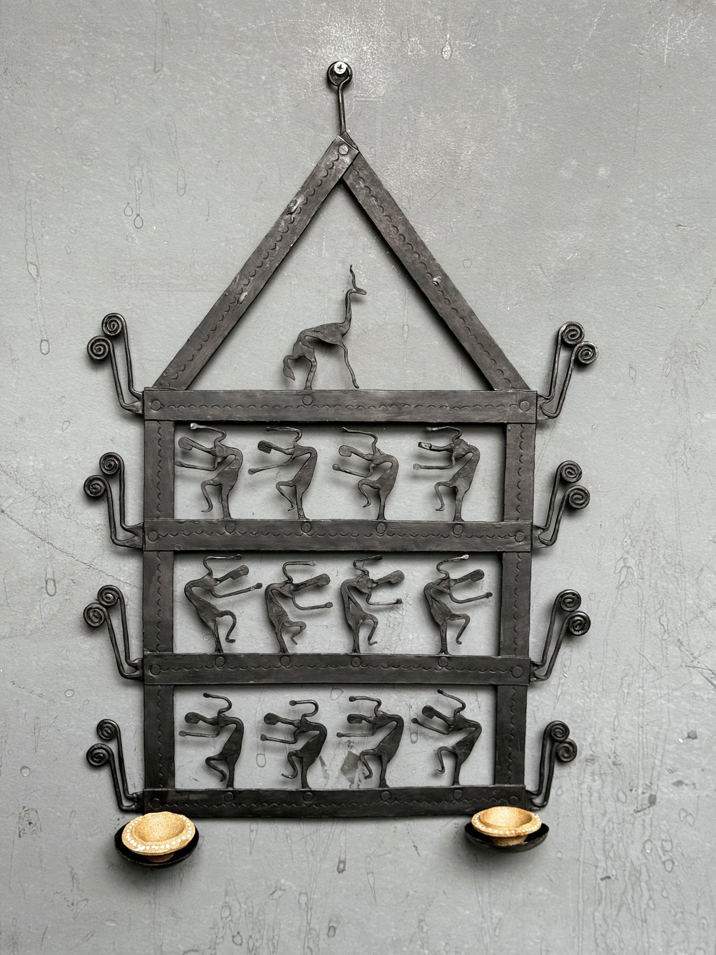 Dancing tribal design - double candle / diya holder - handcrafted wrought iron