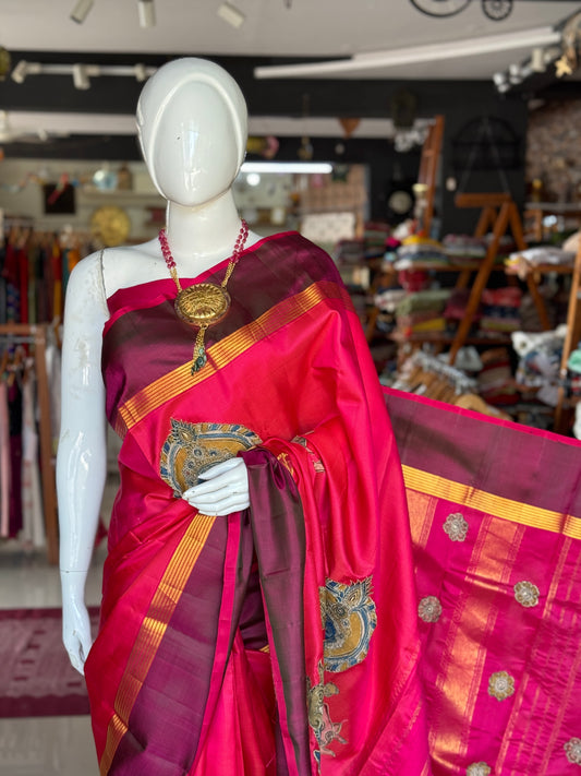 Dark pink kanchi pattu silk saree with hand painted pen kalamkari appliq in Krishna theme