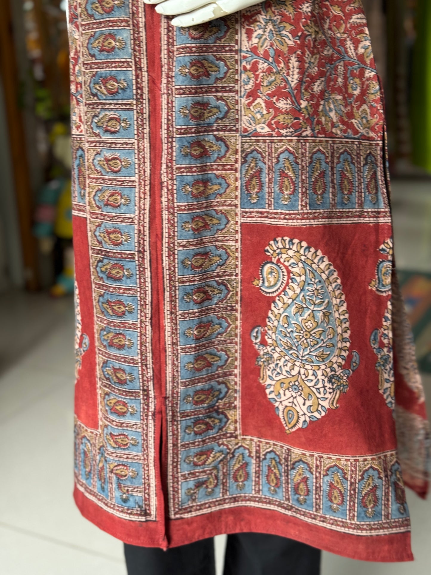 Red and blue hand block printed Kalamkari cotton straight kurti