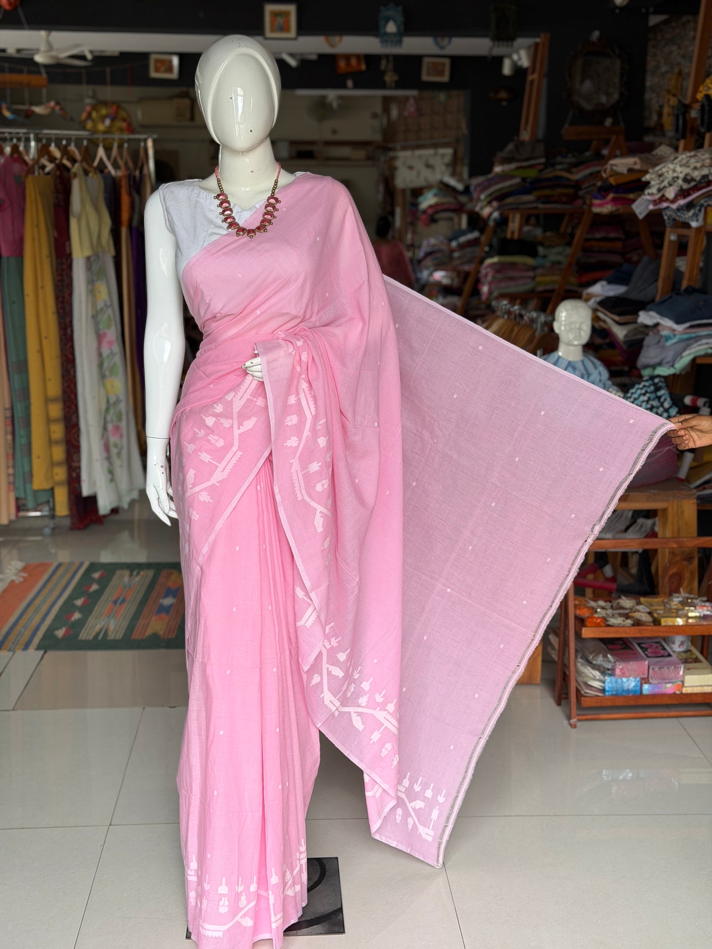 Light pink Jamdani soft cotton handloom fabric with white border