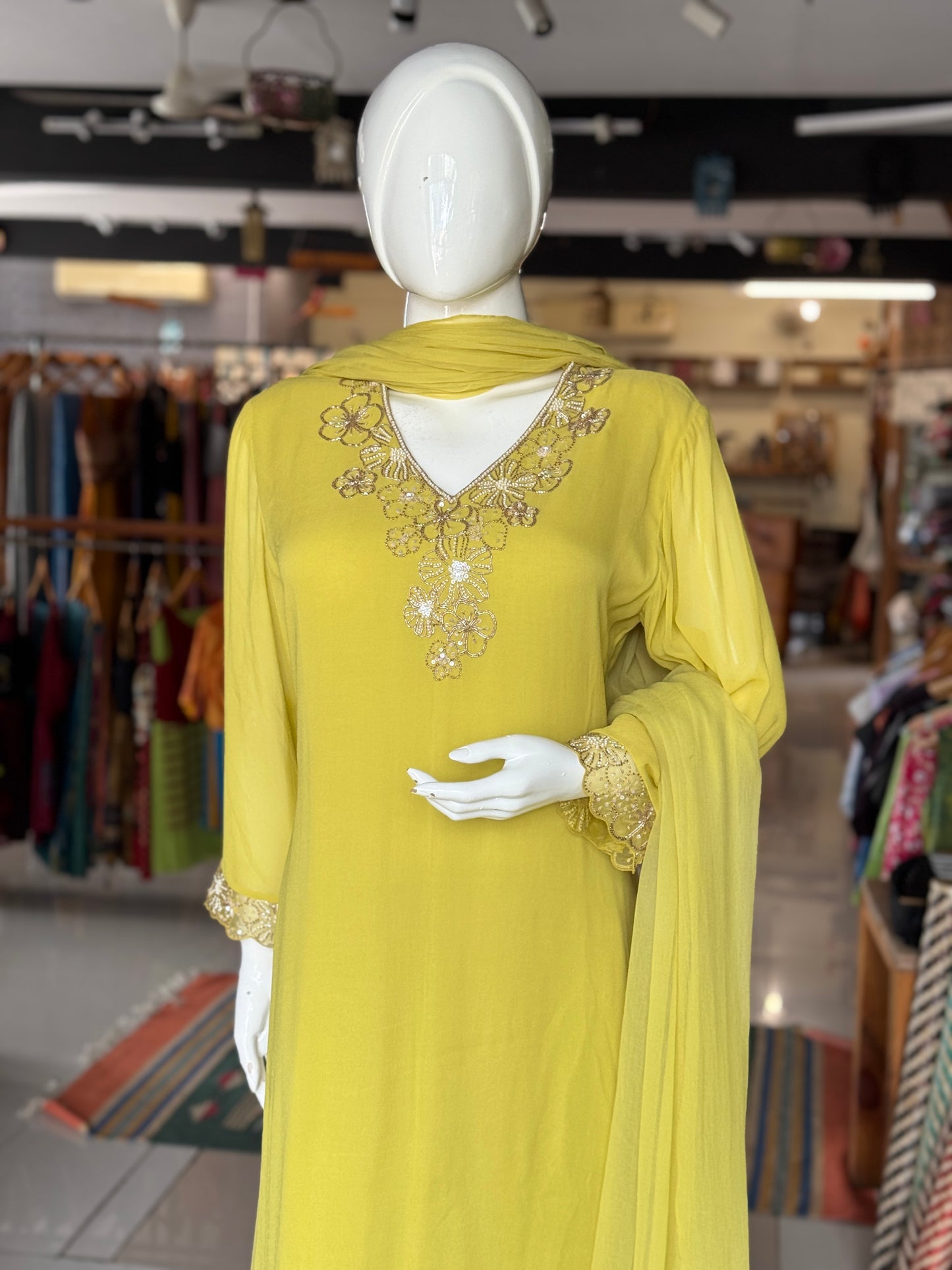 Soft georgette hand embroidered long sleeves kurti, georgette plazo and dupatta - 3 piece set - color options available