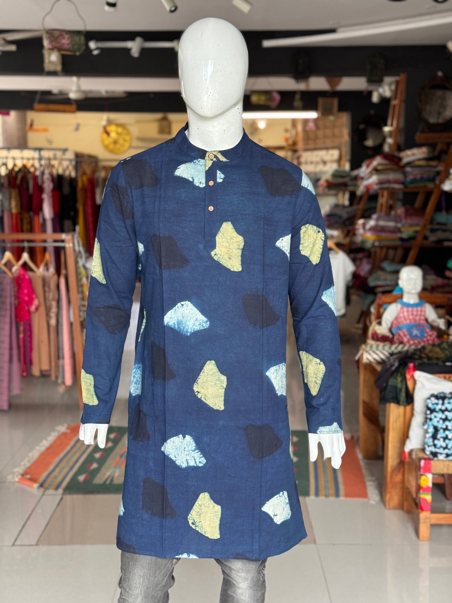 Ajrakh hand block printed cotton long kurta for men
