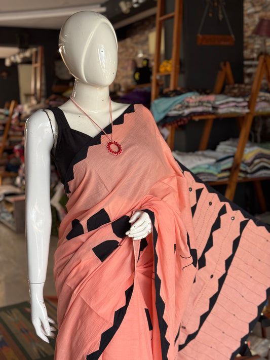 Peach soft cotton saree with black leaves Applique patches and mirror embroidery