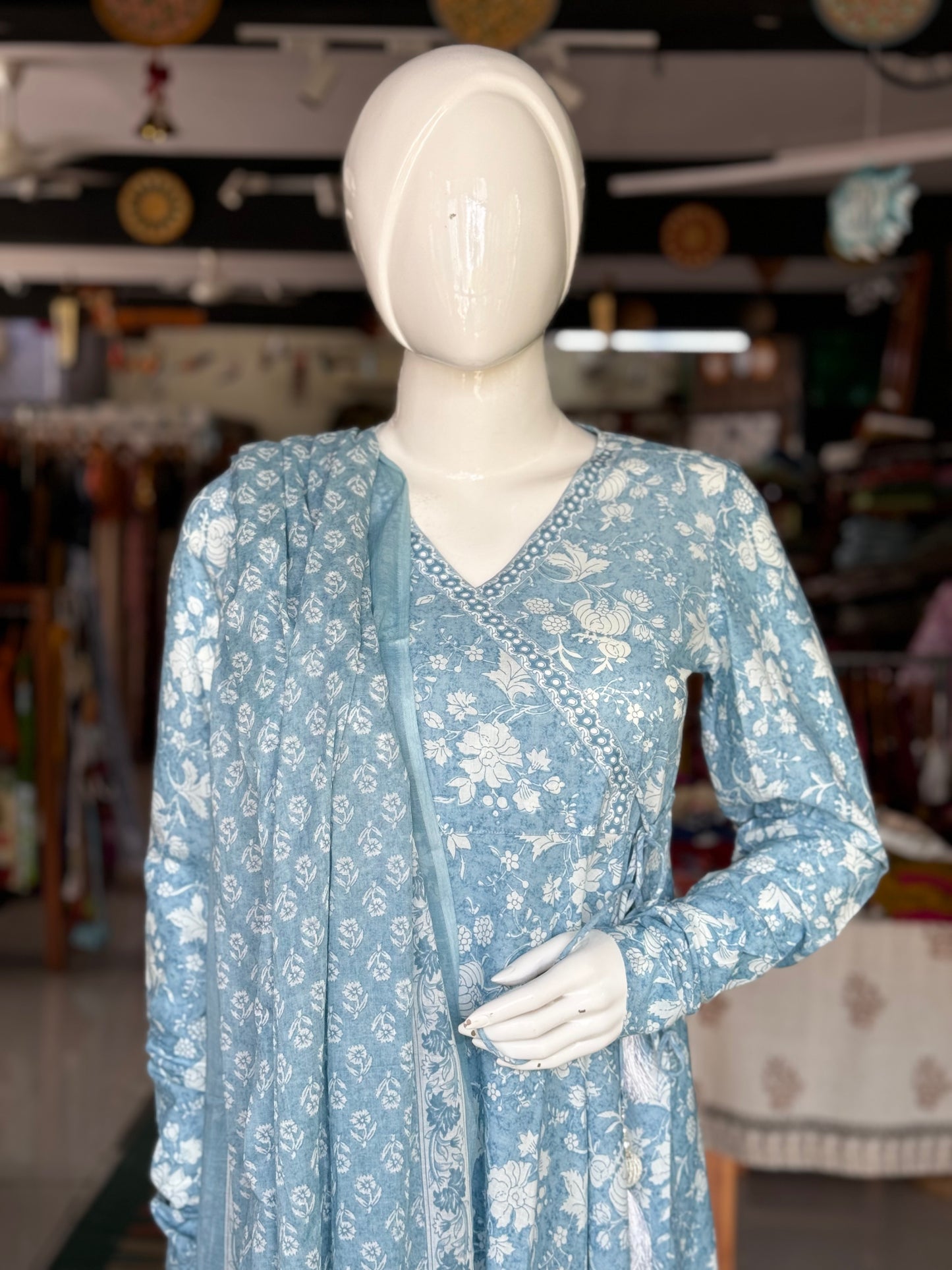 Powder blue floral print cotton flared angrakha style Kurti, pants and dupatta set