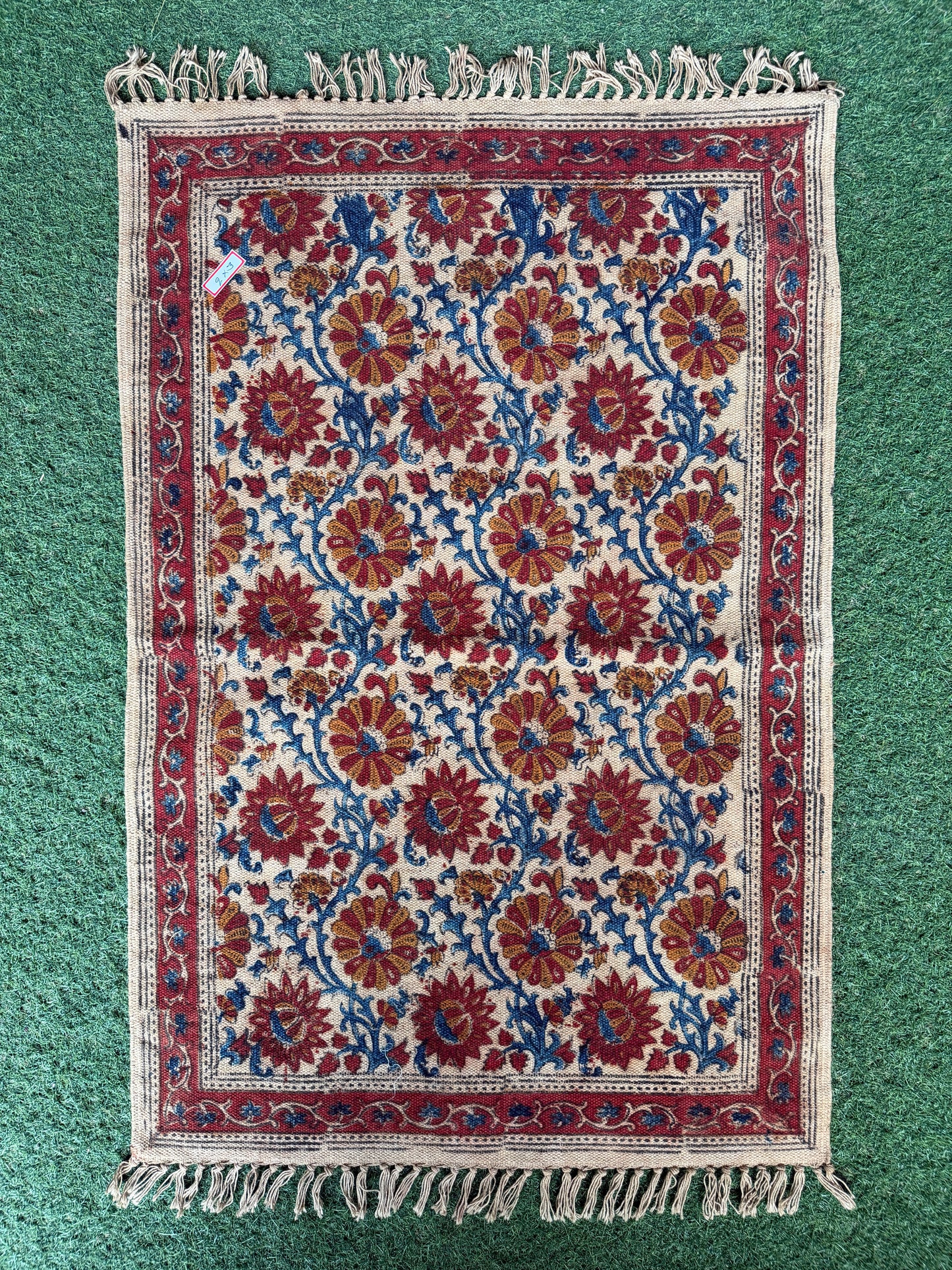 2 x 3 feet cotton Kalamkari hand block printed durrie / carpet / rug