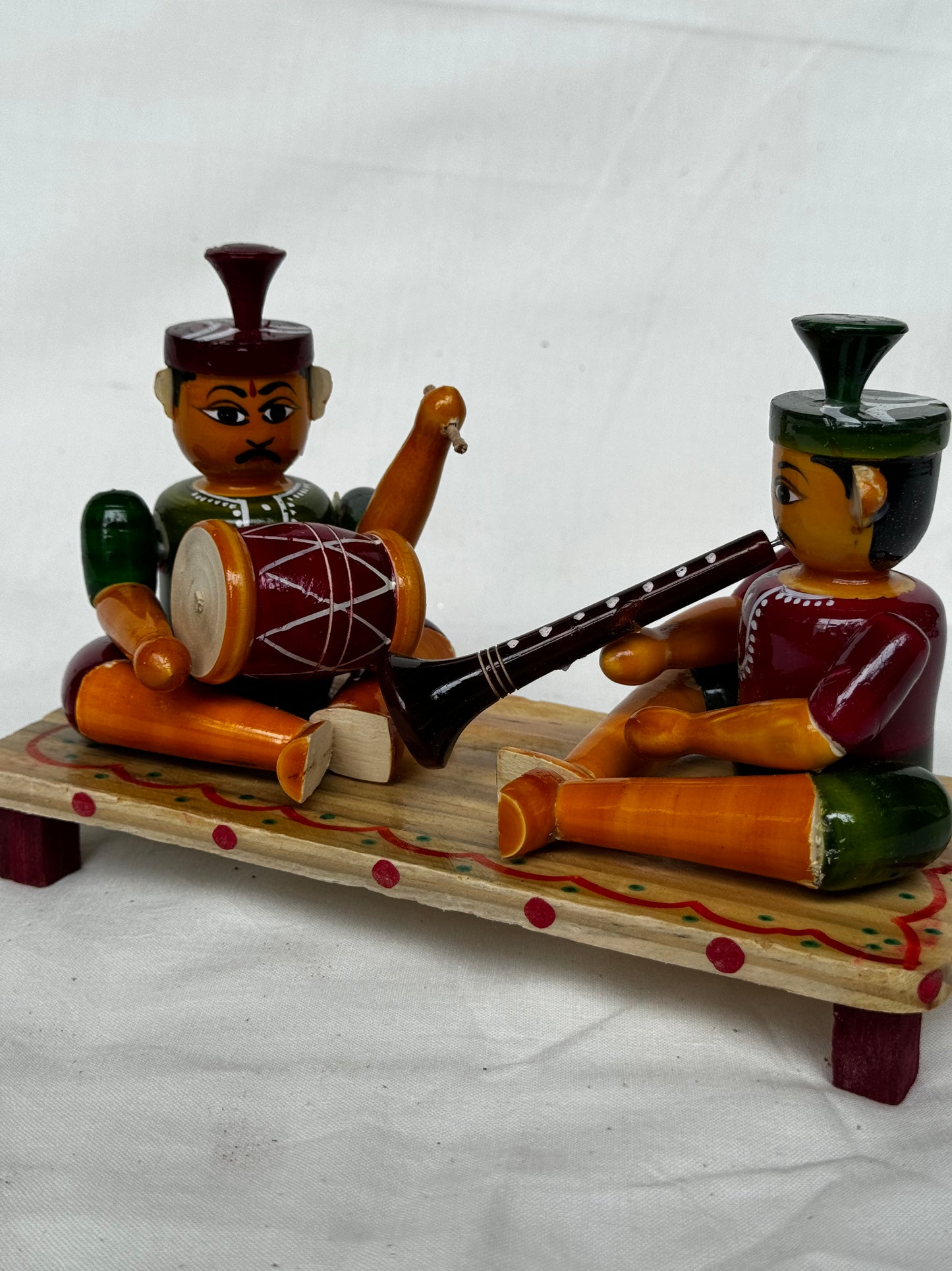 Two musicians on stage - sannai and mridangam - Etikoppaka Wooden handicraft decor