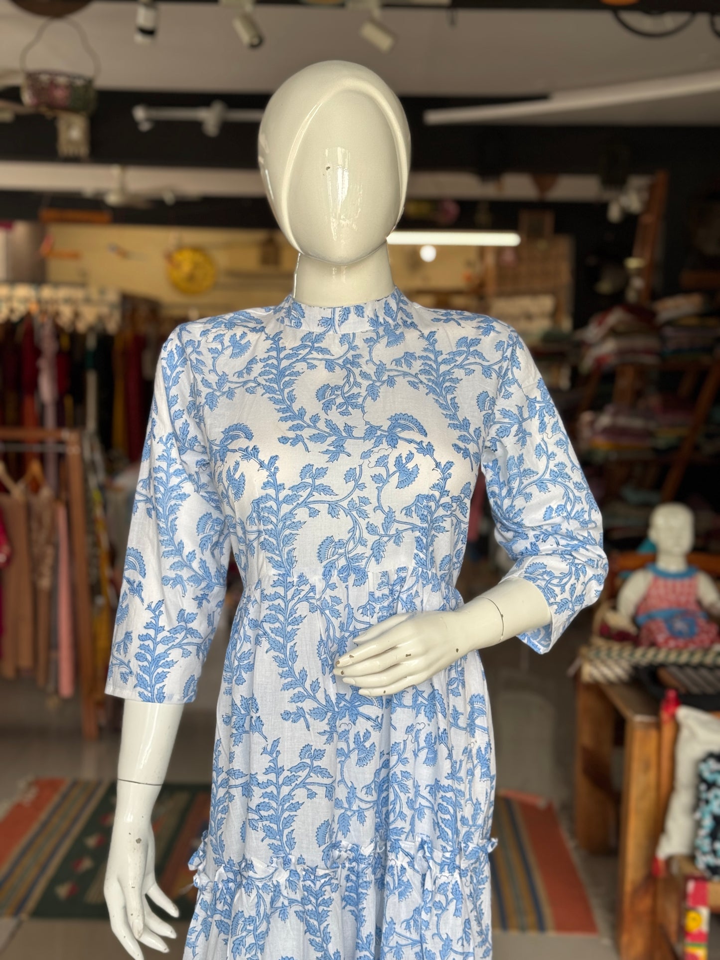 White n blue hand block printed cotton multi tiered dress