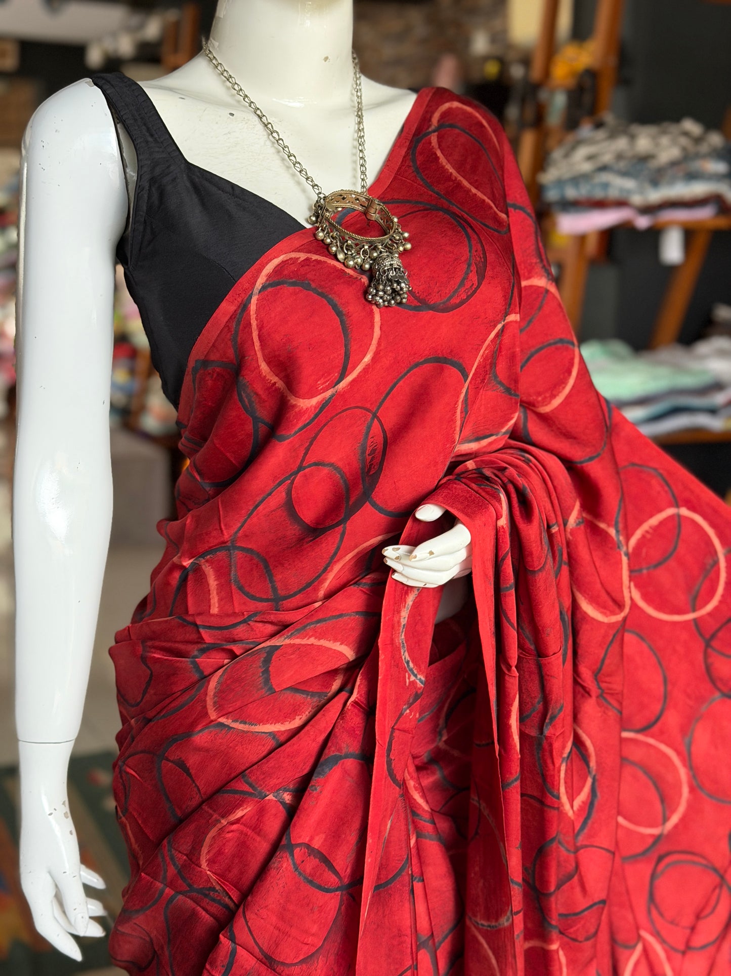 Maroon circles print soft modal yardage saree / fabric - hand block printed Ajrakh