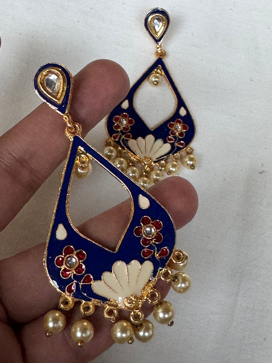 Blue enamel gold tone brass earrings with pearl beads drops