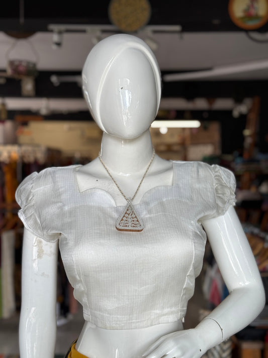 Off White kota silk back open blouse with puff sleeves