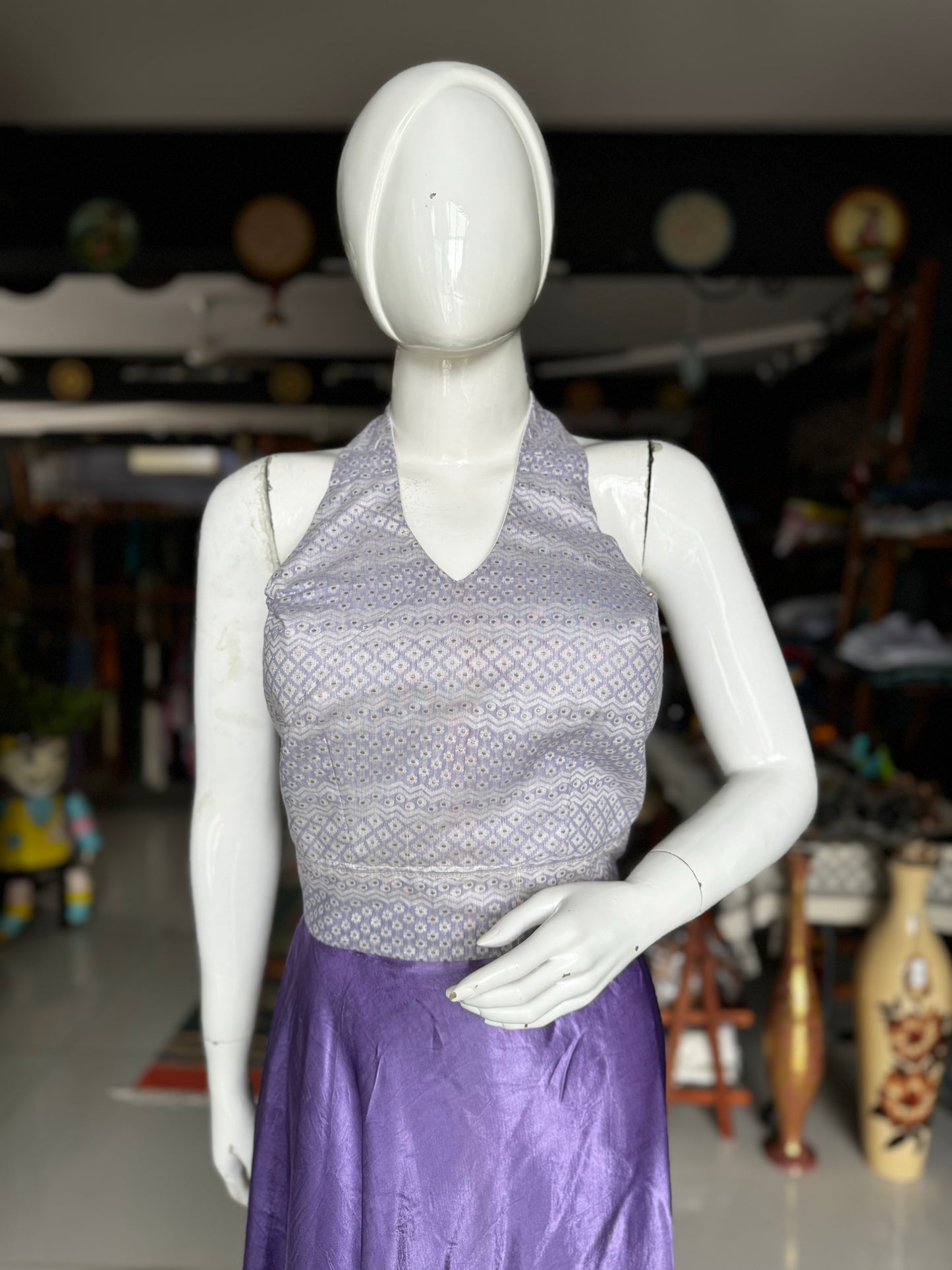 Banarasi silk cotton cut work lavender tie up halter neck style blouse / crop top