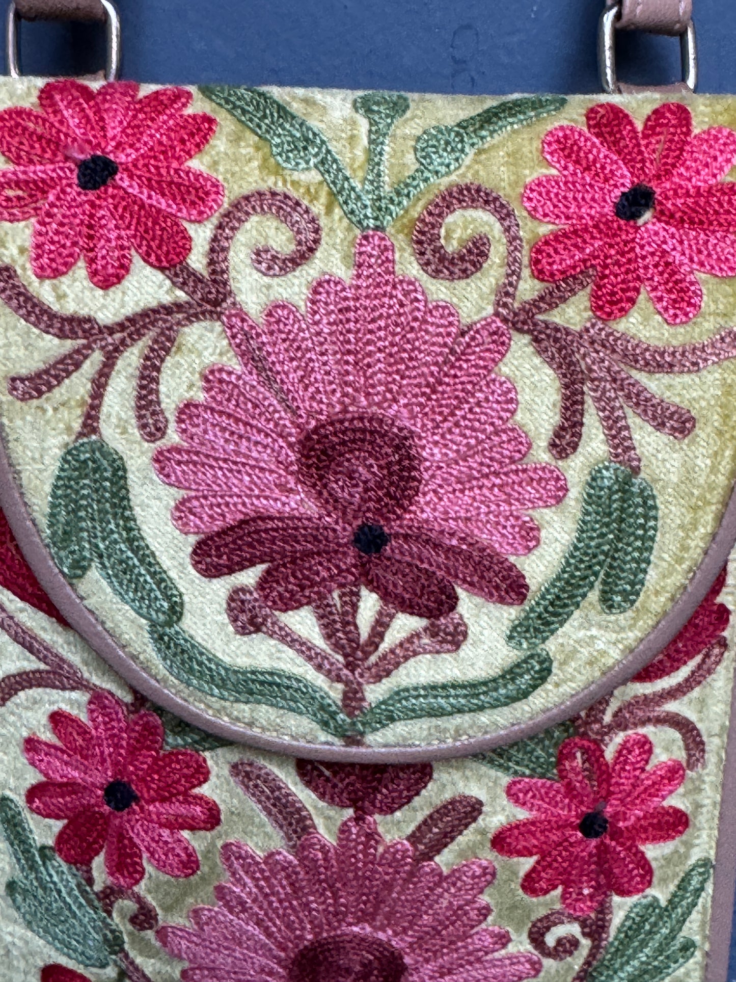 Mobile phone sling pouch - Kashmiri floral Aari embroidered with adjustable length strap and zippered back pocket - colors available