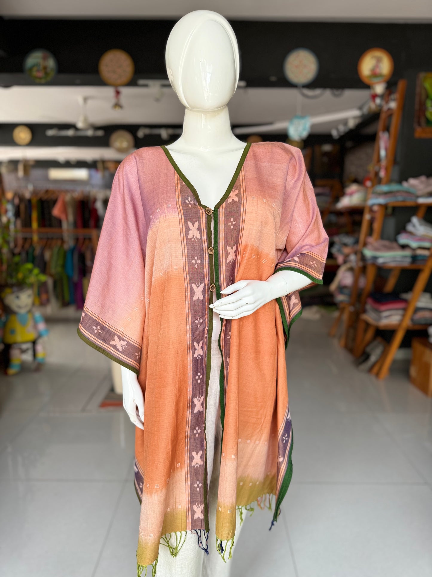 Orange mauve cotton handloom soft ikat long kaftan top with butterflies border