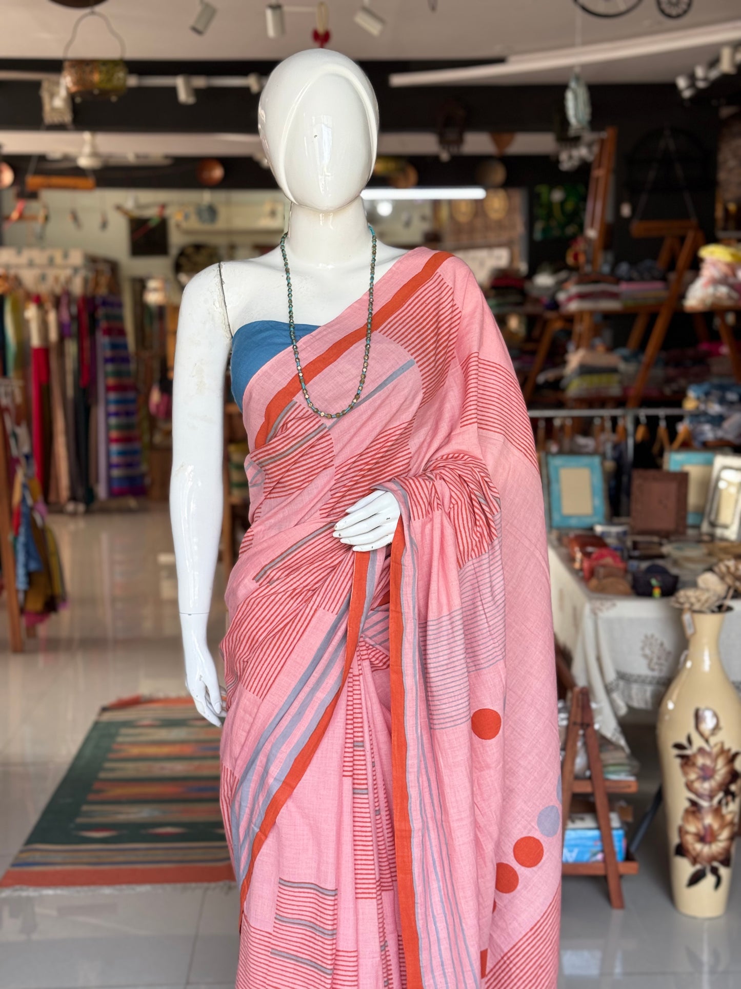 Pink orange circles and stripes cotton hand spun, hand woven, hand block printed saree