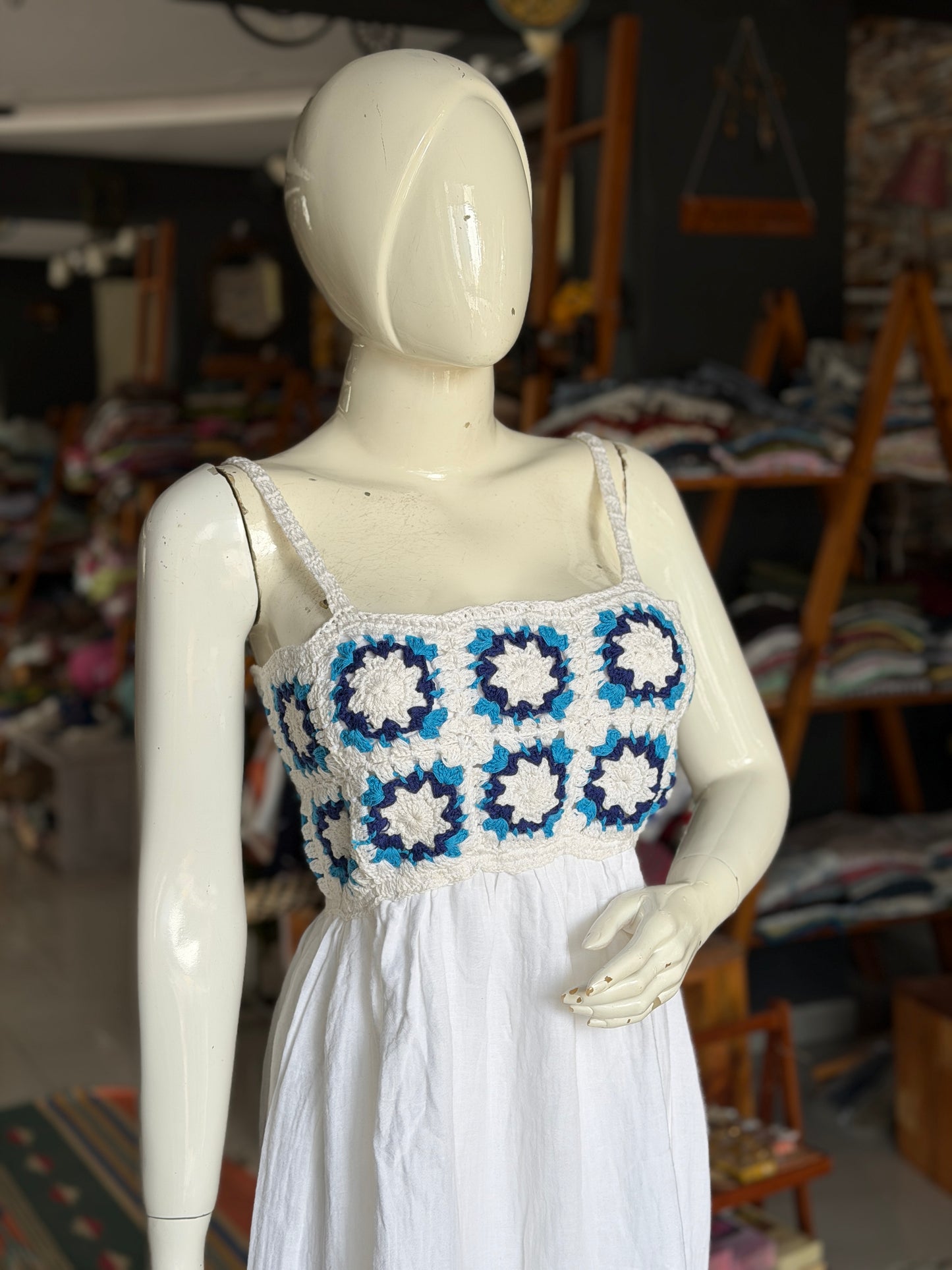 White crochet frock with granny squares yoke for teen girls / adults - adjustable back
