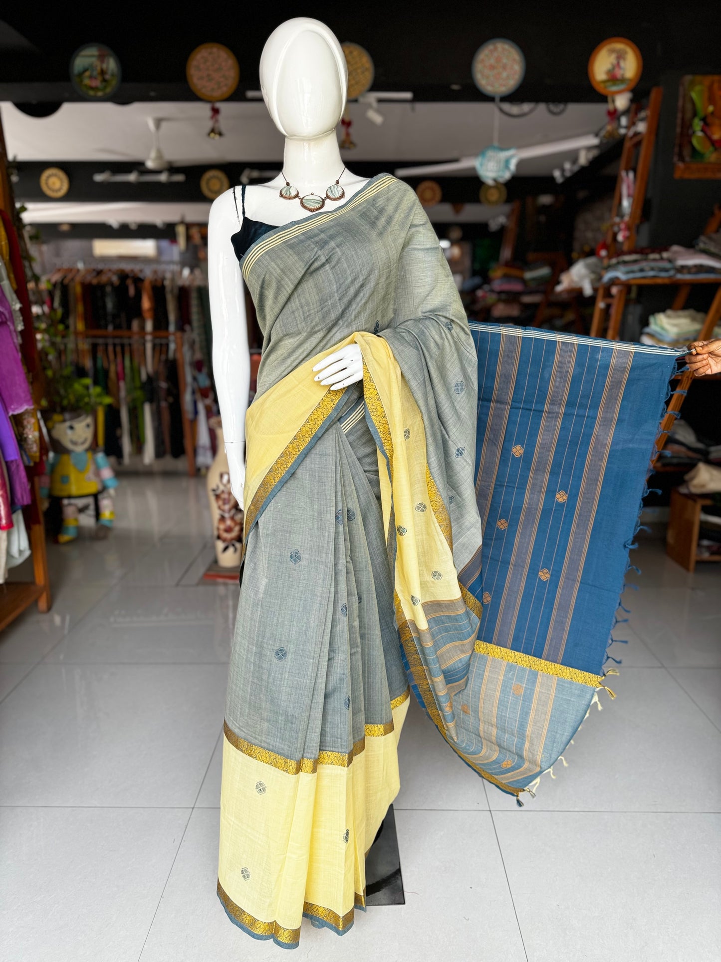 Grey and yellow pure soft cotton handloom saree with butis and double border