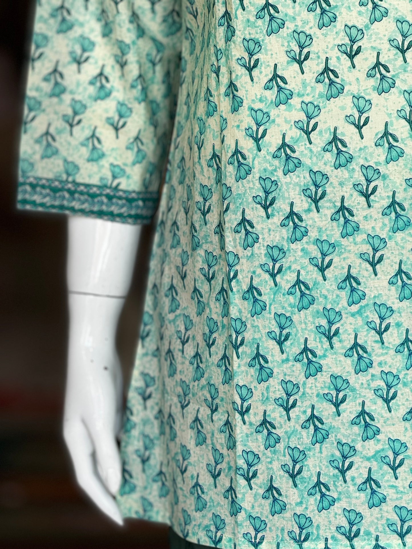 Turquoise floral cotton short kurti