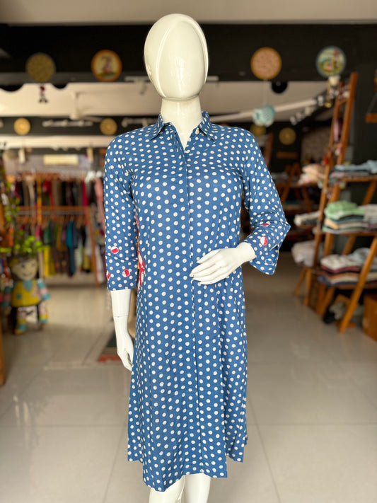 Indigo polka dots hand block printed cotton shirt dress with red appliq detailing