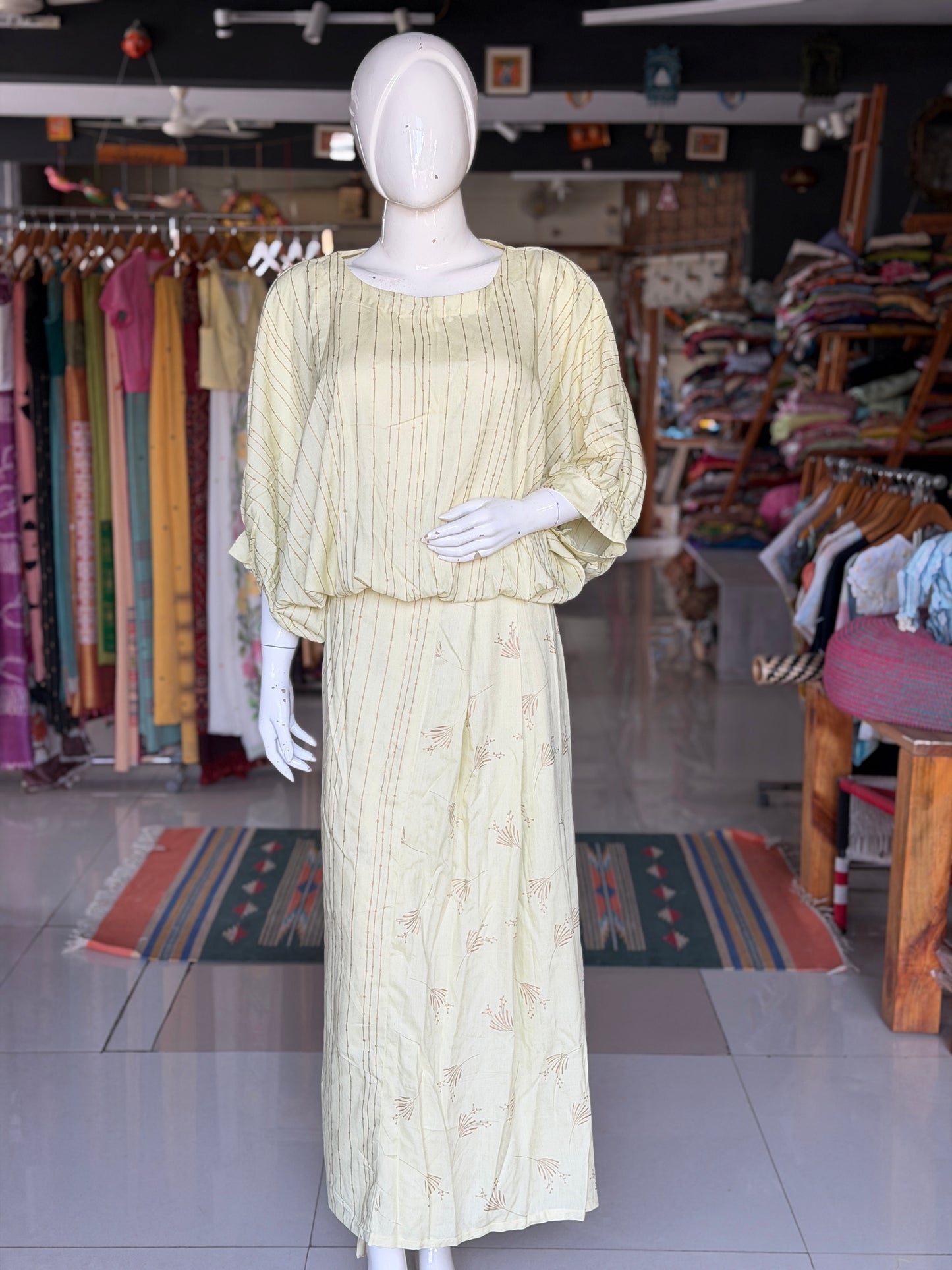 Yellow with golden stripes shoulder sleeves top with blue green lines - elastic hem