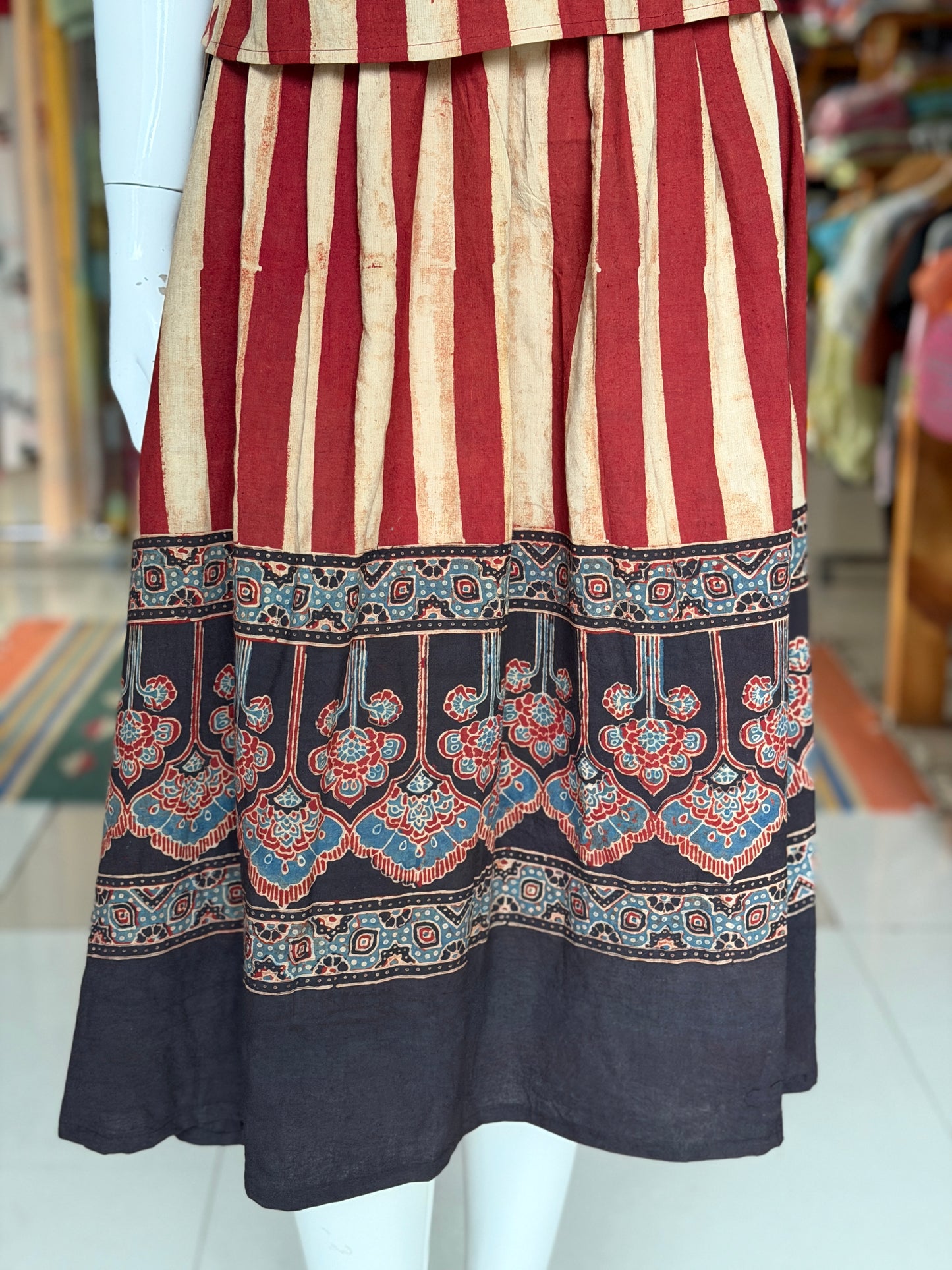 Maroon n beige stripes cotton coord set of skirt n top - Ajrakh hand block prints