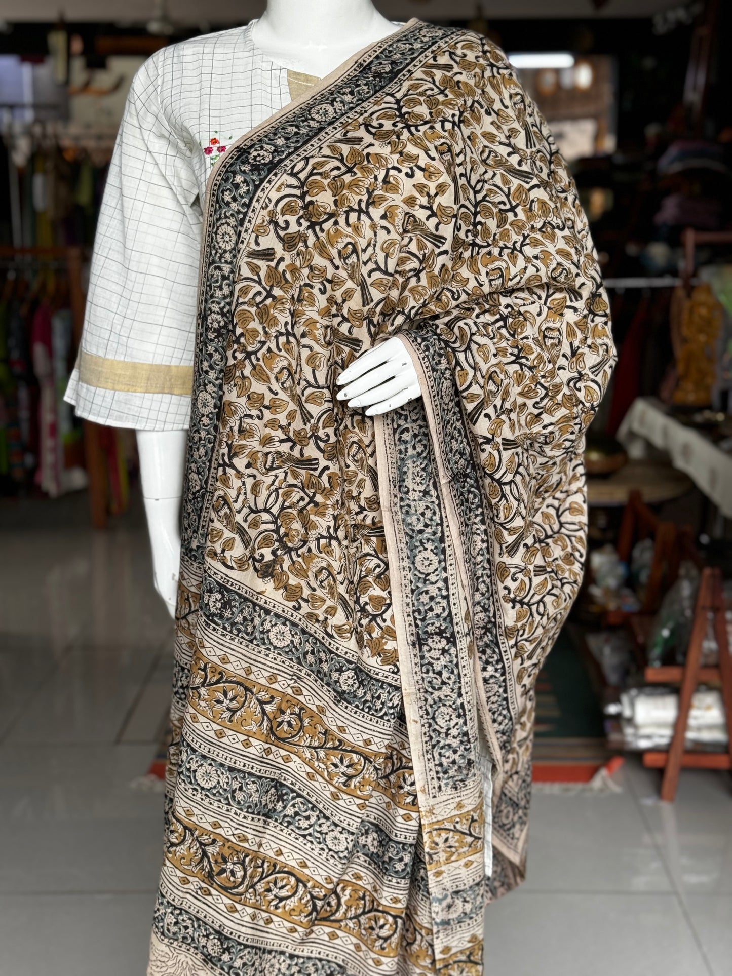 Off white cotton kalamkari handblock printed dupatta with natural dyes - black birds and flowers print