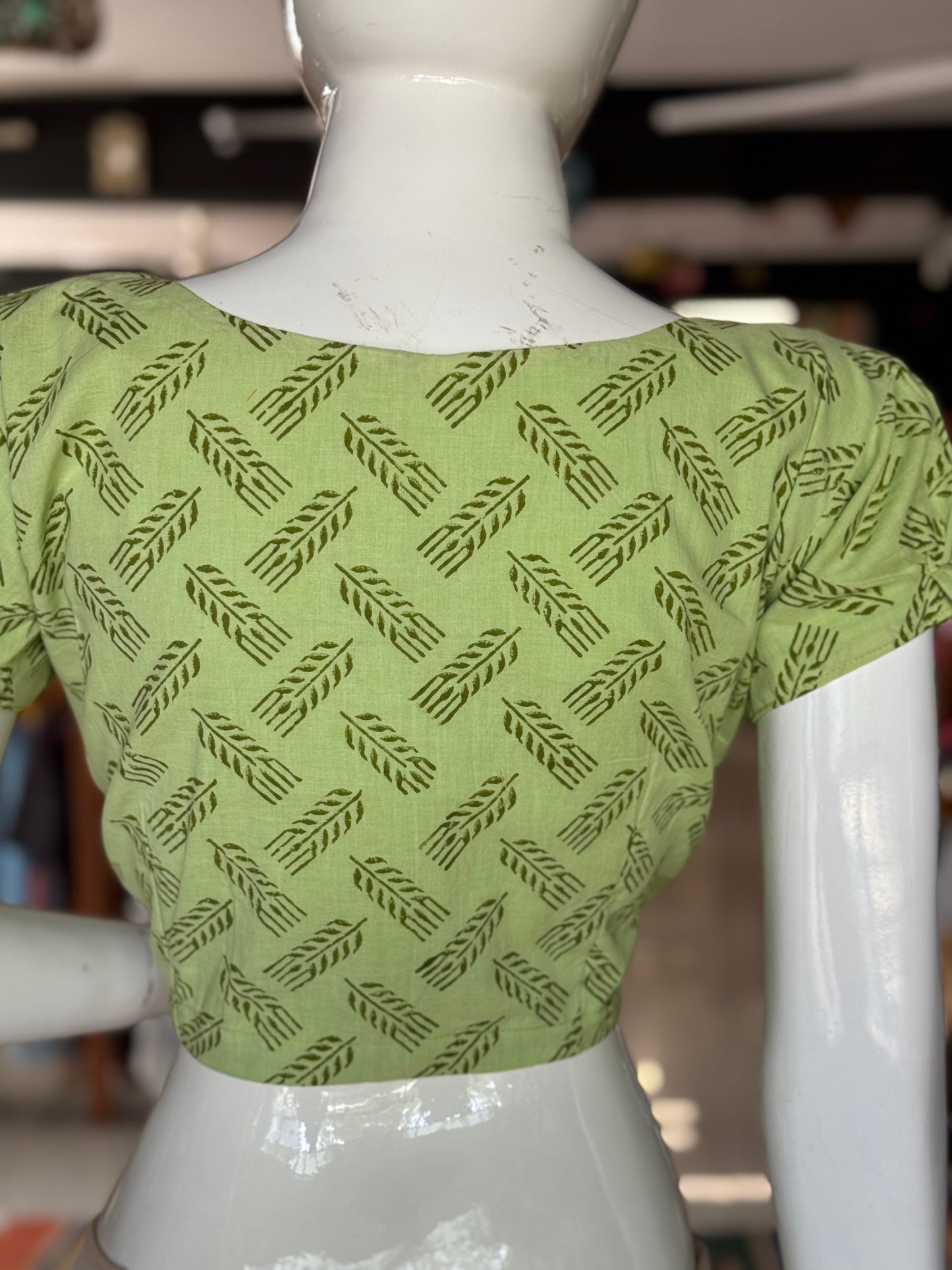 Green leaves handblock printed cotton front open blouse