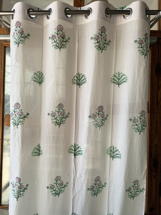 White with green hand block printed cotton 7 feet door length curtain