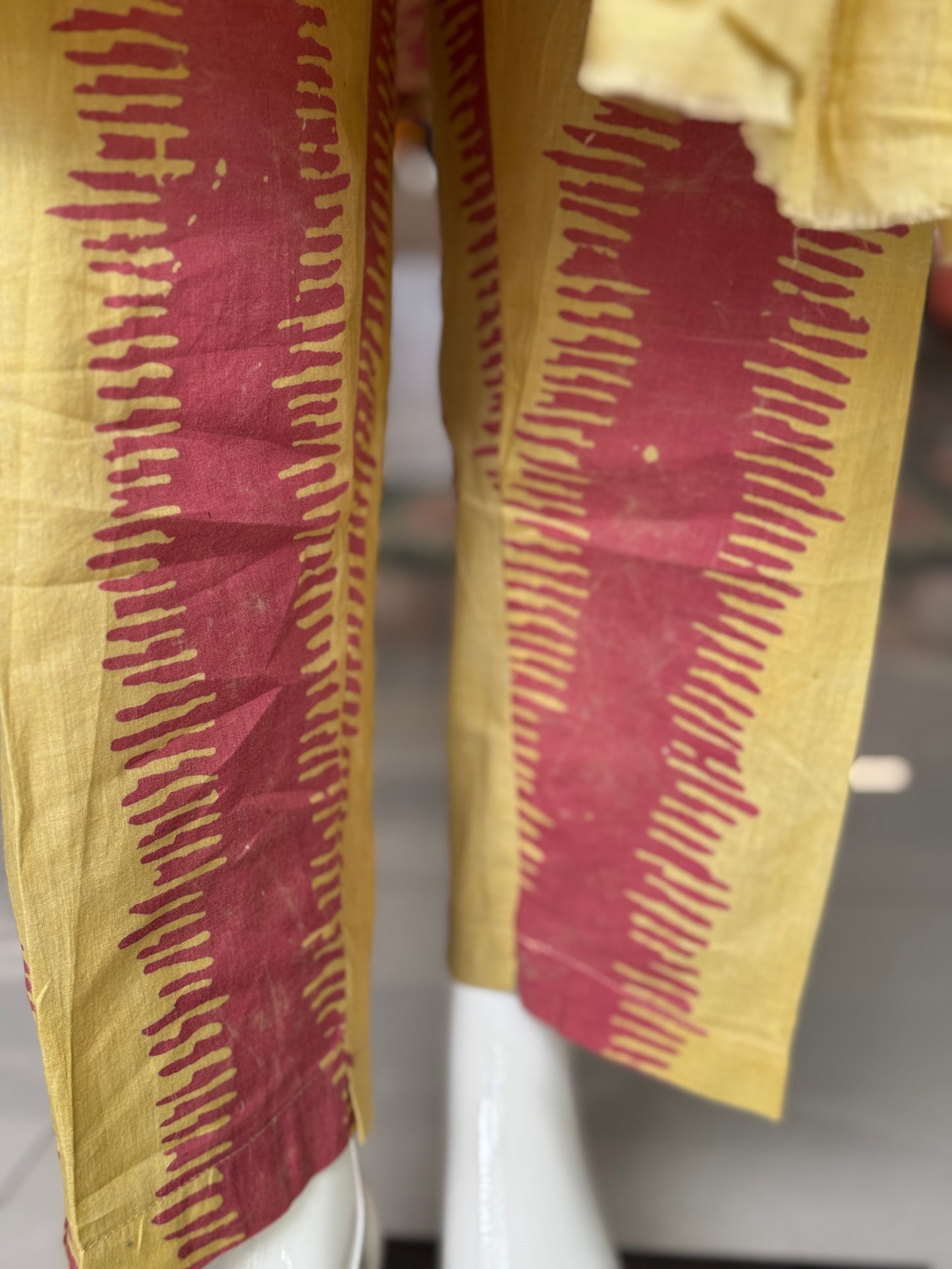 Yellow and pink leaf pattern soft batik cotton A-line kurta, dupatta and pants -  3 piece suit set