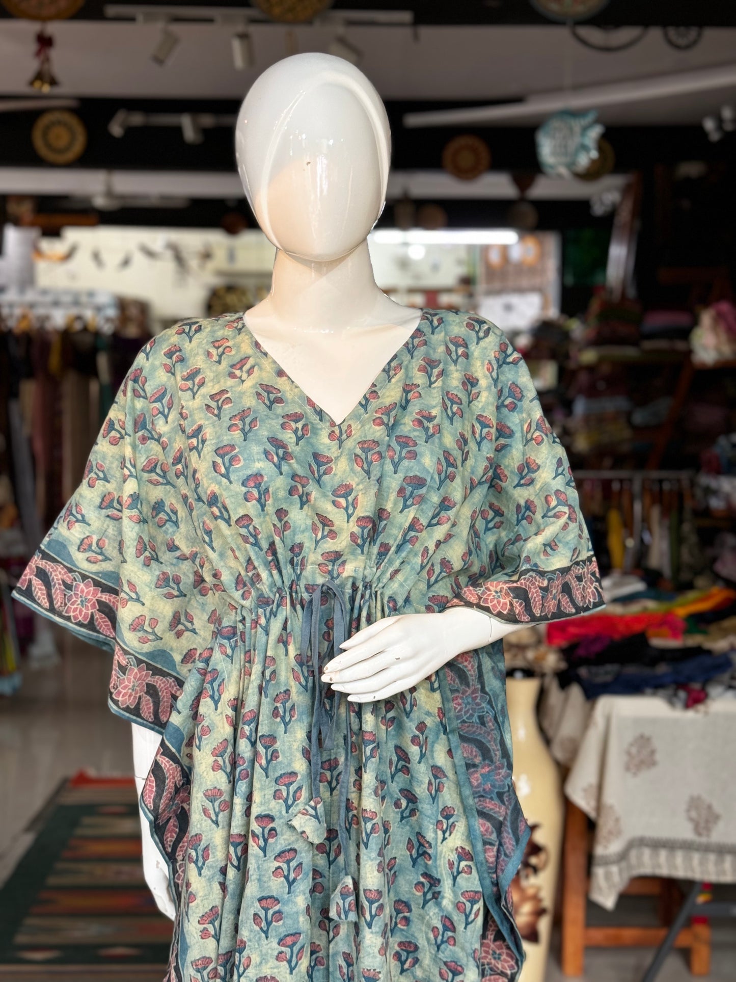 Hand block printed cotton long kaftan nighty