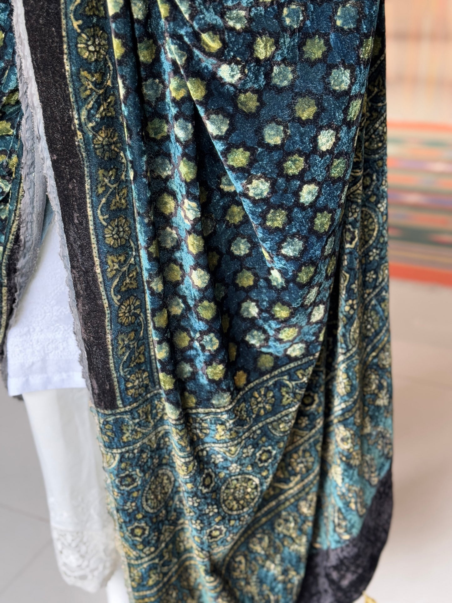 Indigo blue and green luxurious velvet dupatta with hand block Ajrakh prints