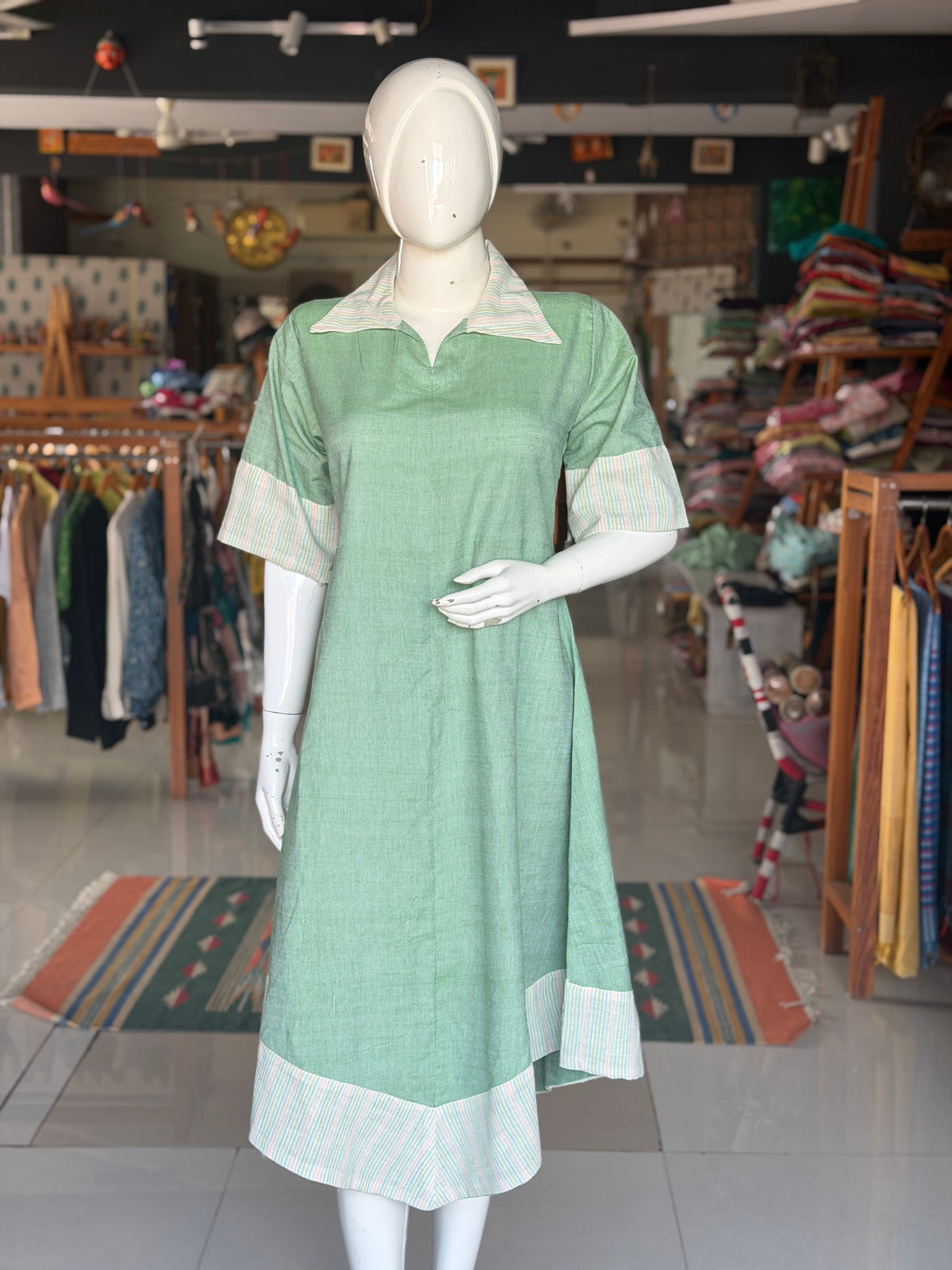 Sage green handloom cotton dress with hand spun, hand woven cotton stripes trims