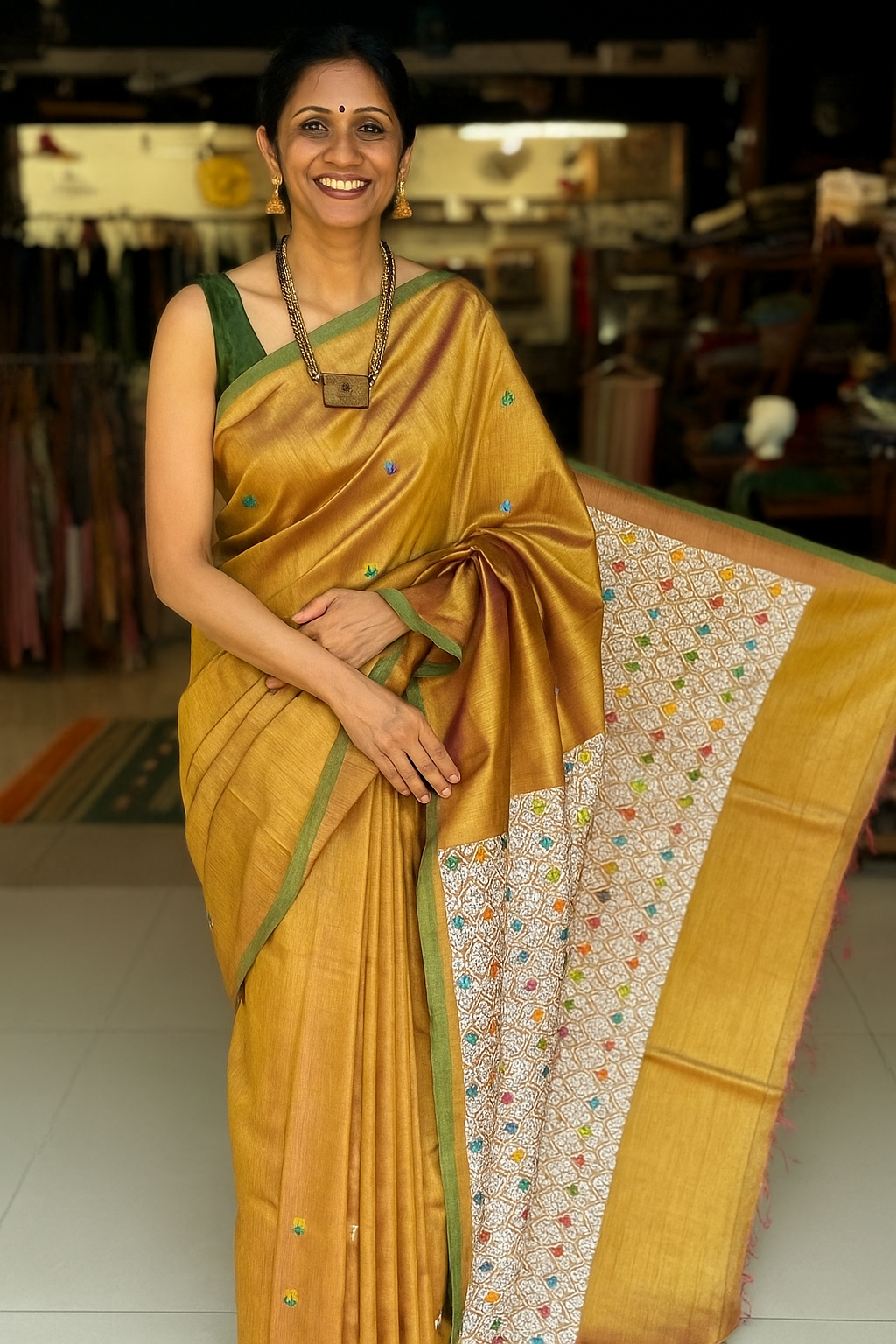 Golden tone pure tussar silk handwoven saree with extra weft flower butis and jala palla