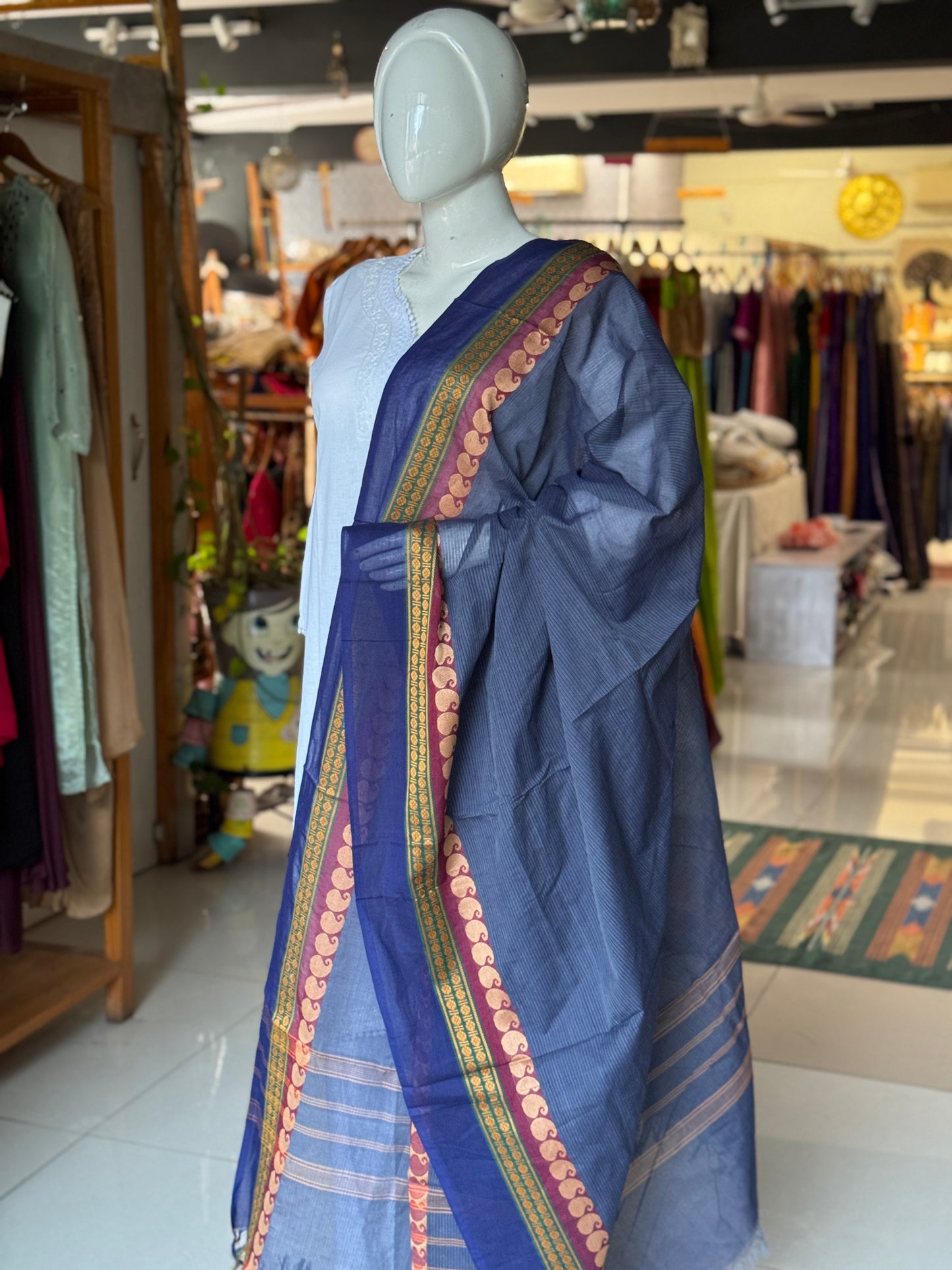 Blue stripes cotton handloom dupatta with paisley border