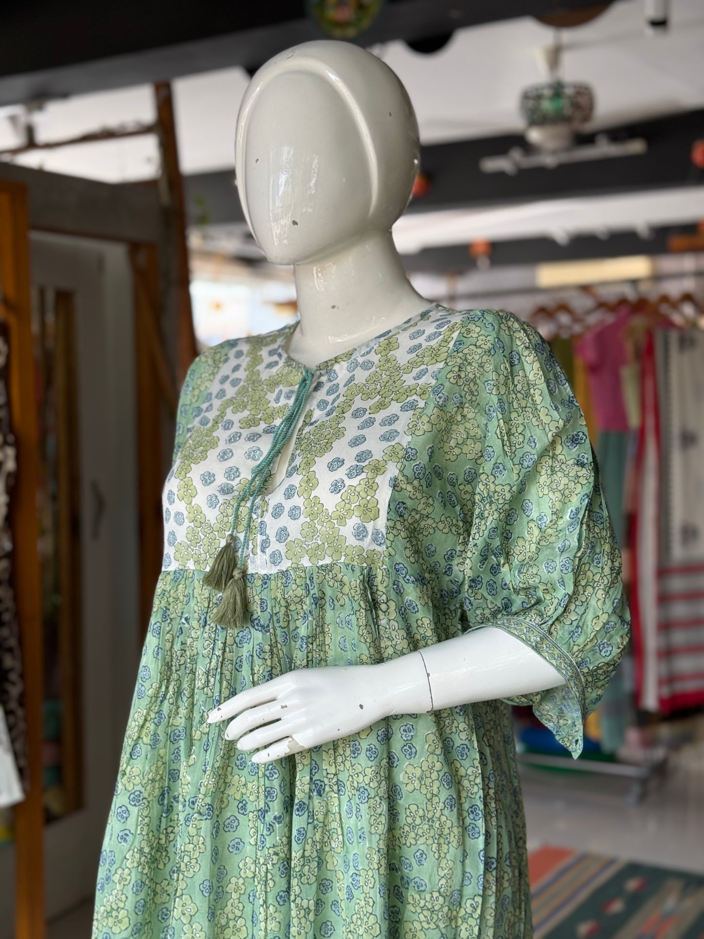 Green and white hand block printed soft cotton dress with fancy sleeves
