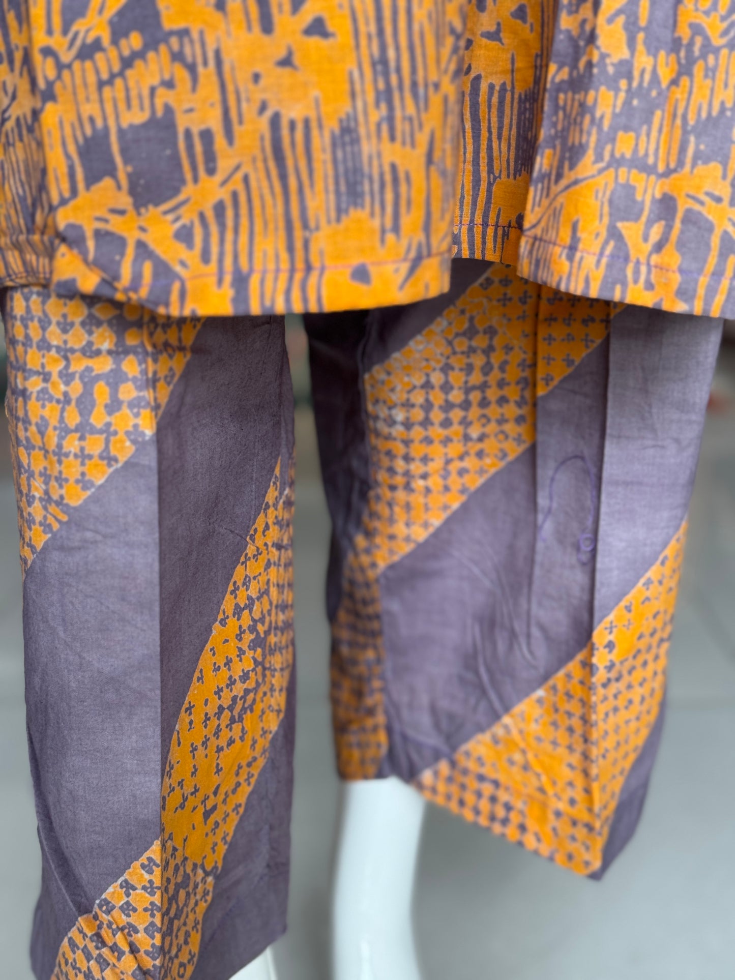 Lavender n orange pattern soft batik cotton A-line kurta, dupatta and pants -  3 piece suit set