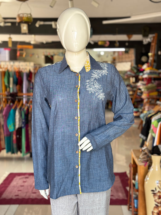 Denim look handwoven cotton shirt with Chikankari hand embroidery and Kalamkari trims