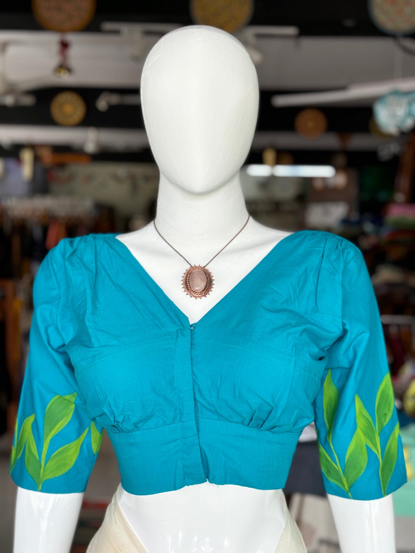 Blue leaves design hand painted front open stylish cotton blouse