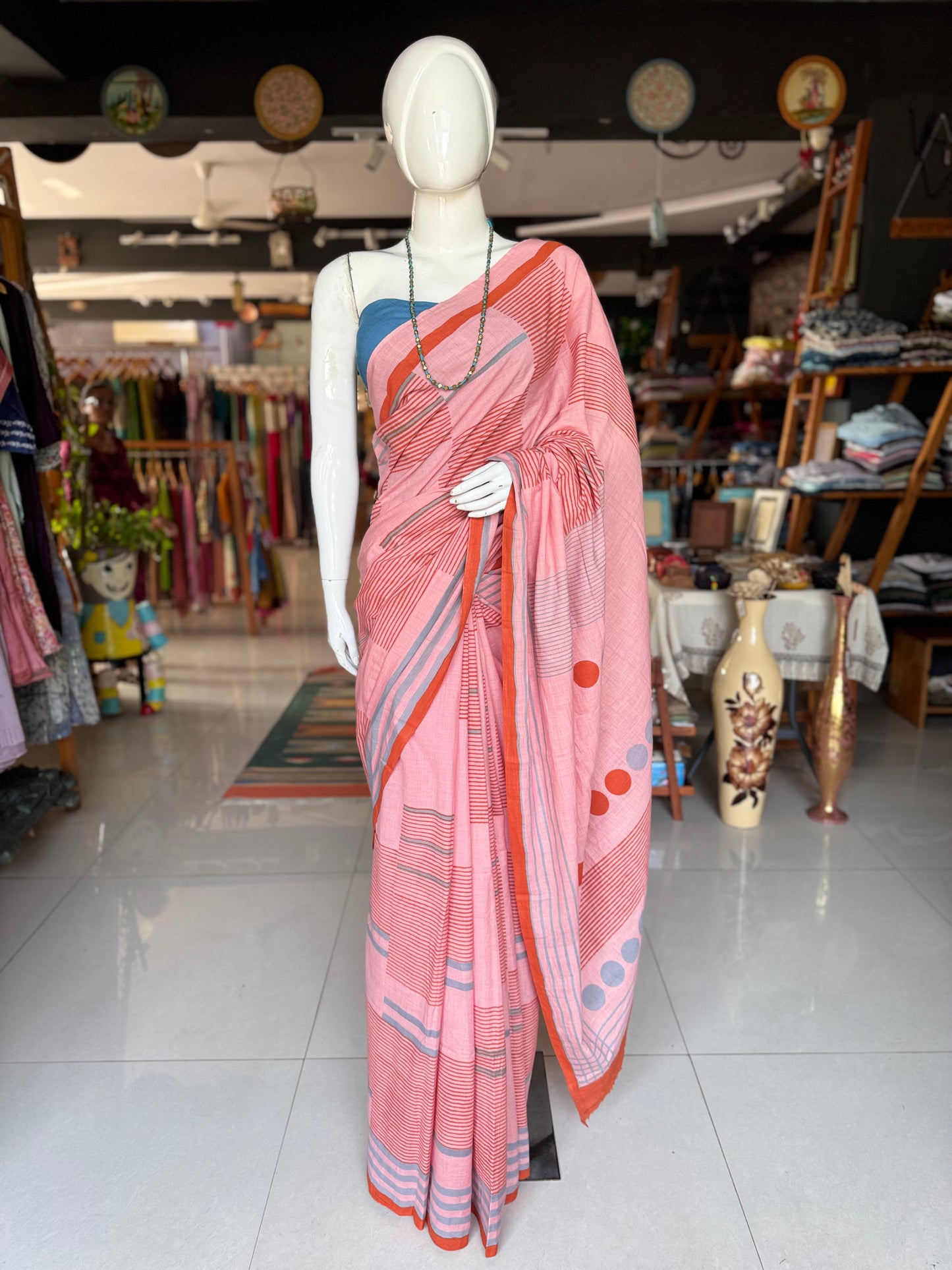 Pink orange circles and stripes cotton hand spun, hand woven, hand block printed saree